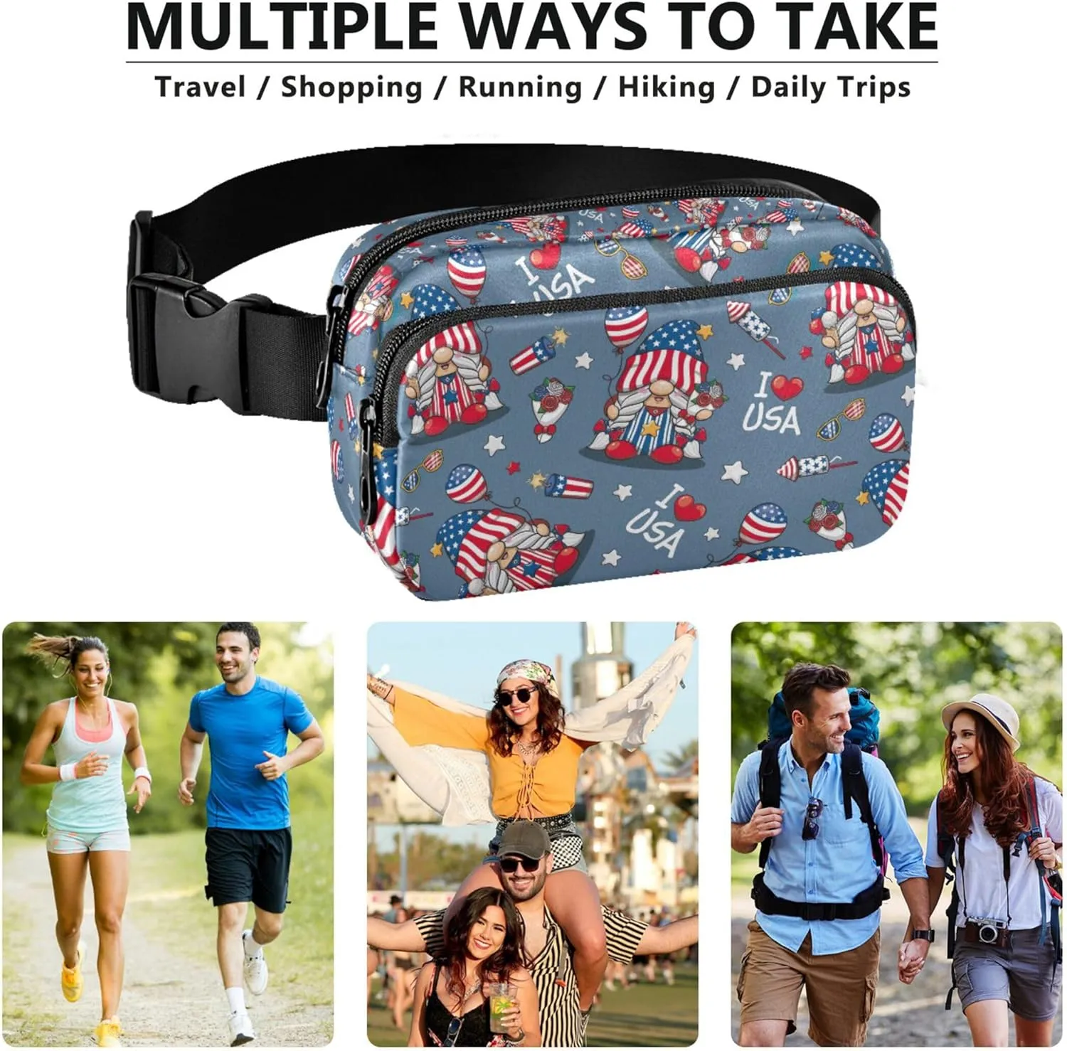 America Independence Gnomes Fanny Pack for Women Bright Belt Bags Hip Pack Waterproof Crossbody Waist Purse