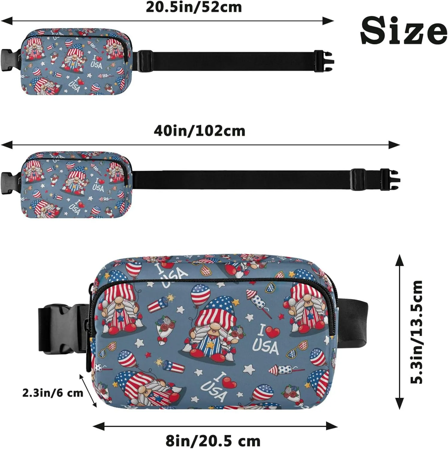 America Independence Gnomes Fanny Pack for Women Bright Belt Bags Hip Pack Waterproof Crossbody Waist Purse