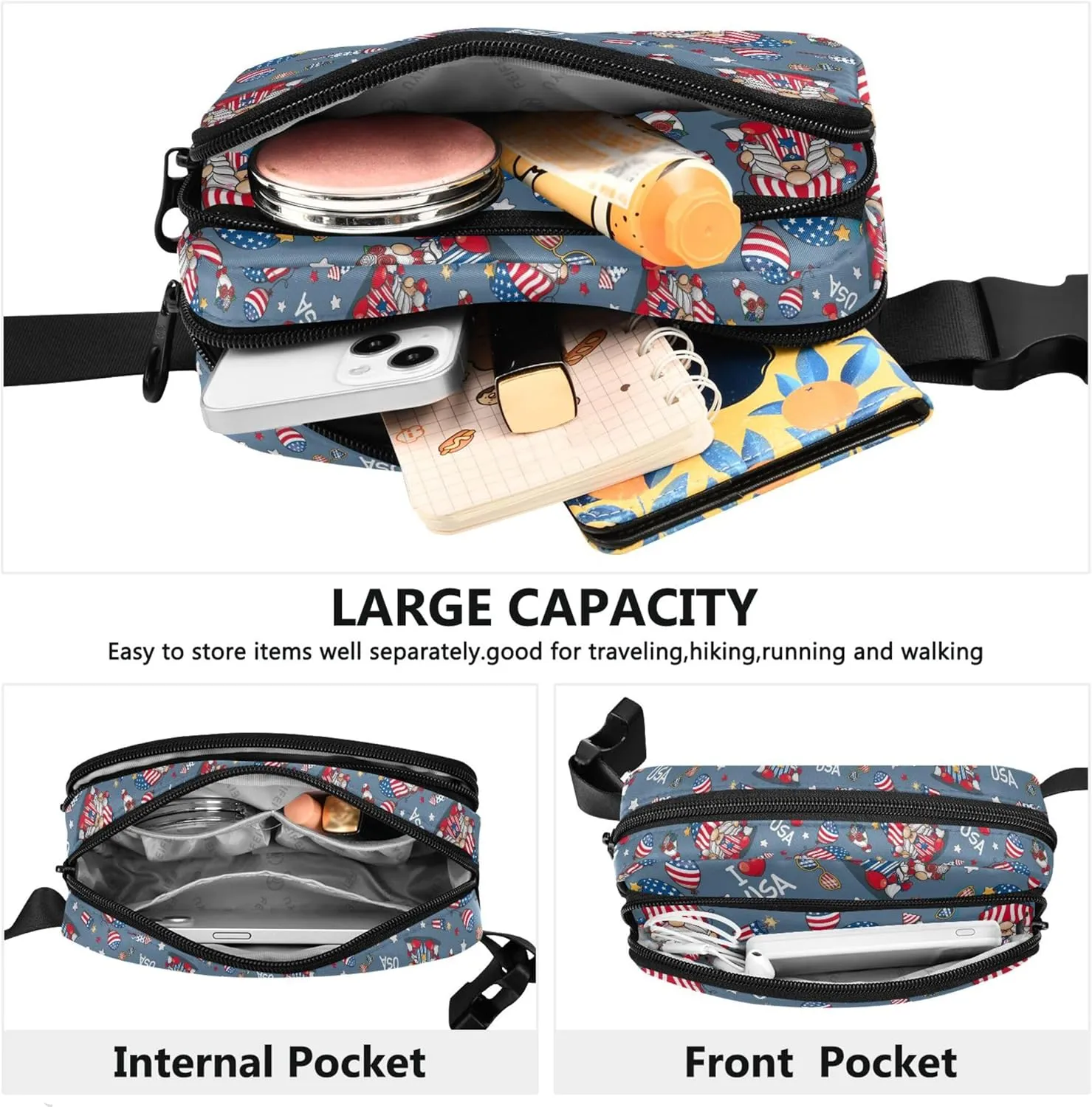 America Independence Gnomes Fanny Pack for Women Bright Belt Bags Hip Pack Waterproof Crossbody Waist Purse