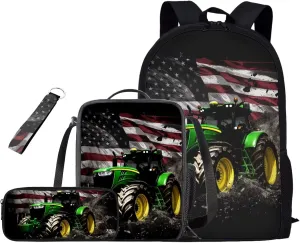 American Flag Backpack for Kids 8-12 Tractor Middle School Bookbags with Thermal Lunch Bag Keychain and Pencil Case 4 Piece School Pack Back Set for Teens Picnic or Sports