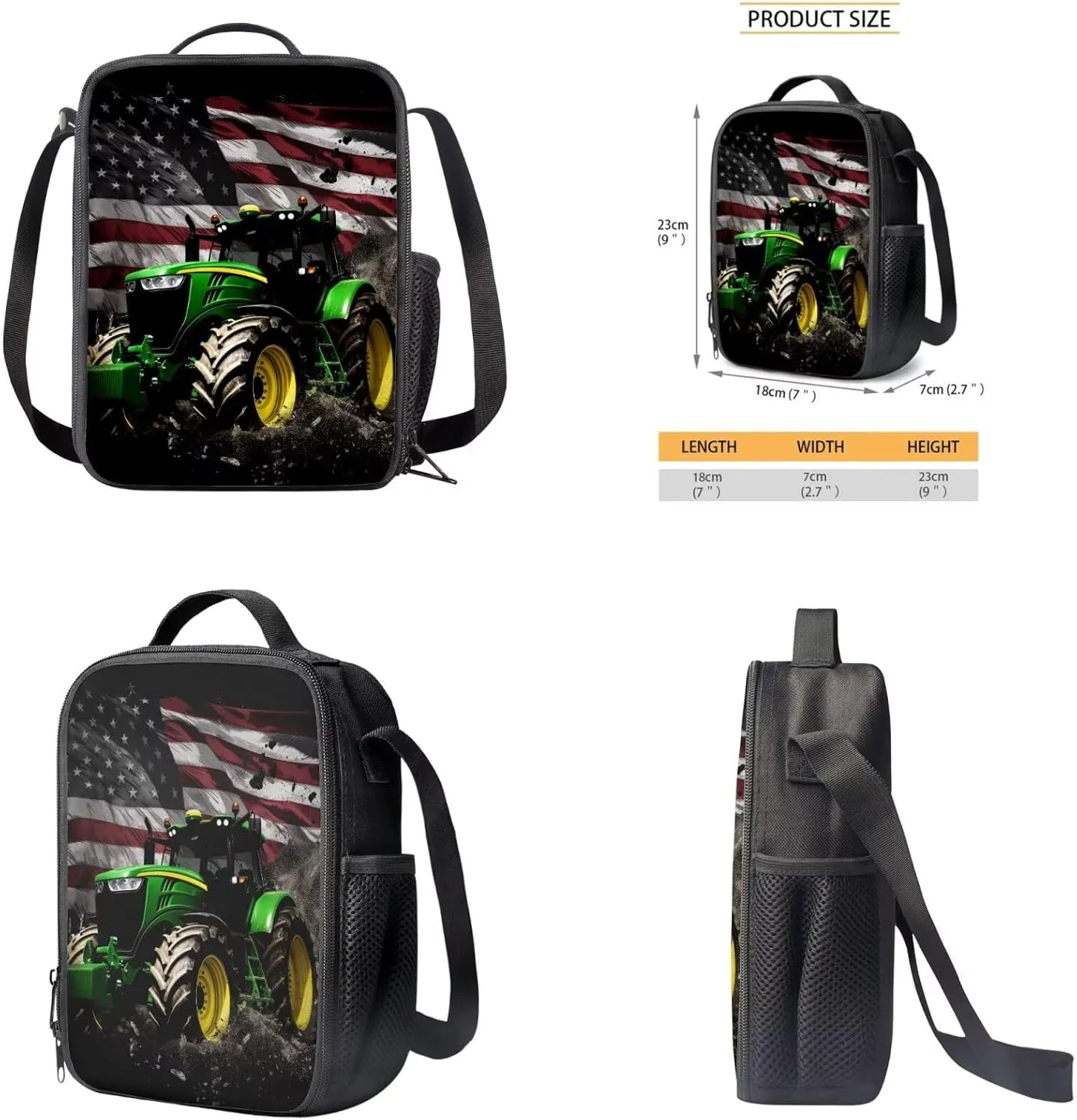 American Flag Backpack for Kids 8-12 Tractor Middle School Bookbags with Thermal Lunch Bag Keychain and Pencil Case 4 Piece School Pack Back Set for Teens Picnic or Sports
