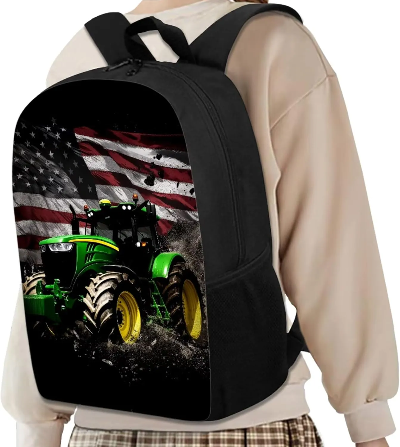 American Flag Backpack for Kids 8-12 Tractor Middle School Bookbags with Thermal Lunch Bag Keychain and Pencil Case 4 Piece School Pack Back Set for Teens Picnic or Sports