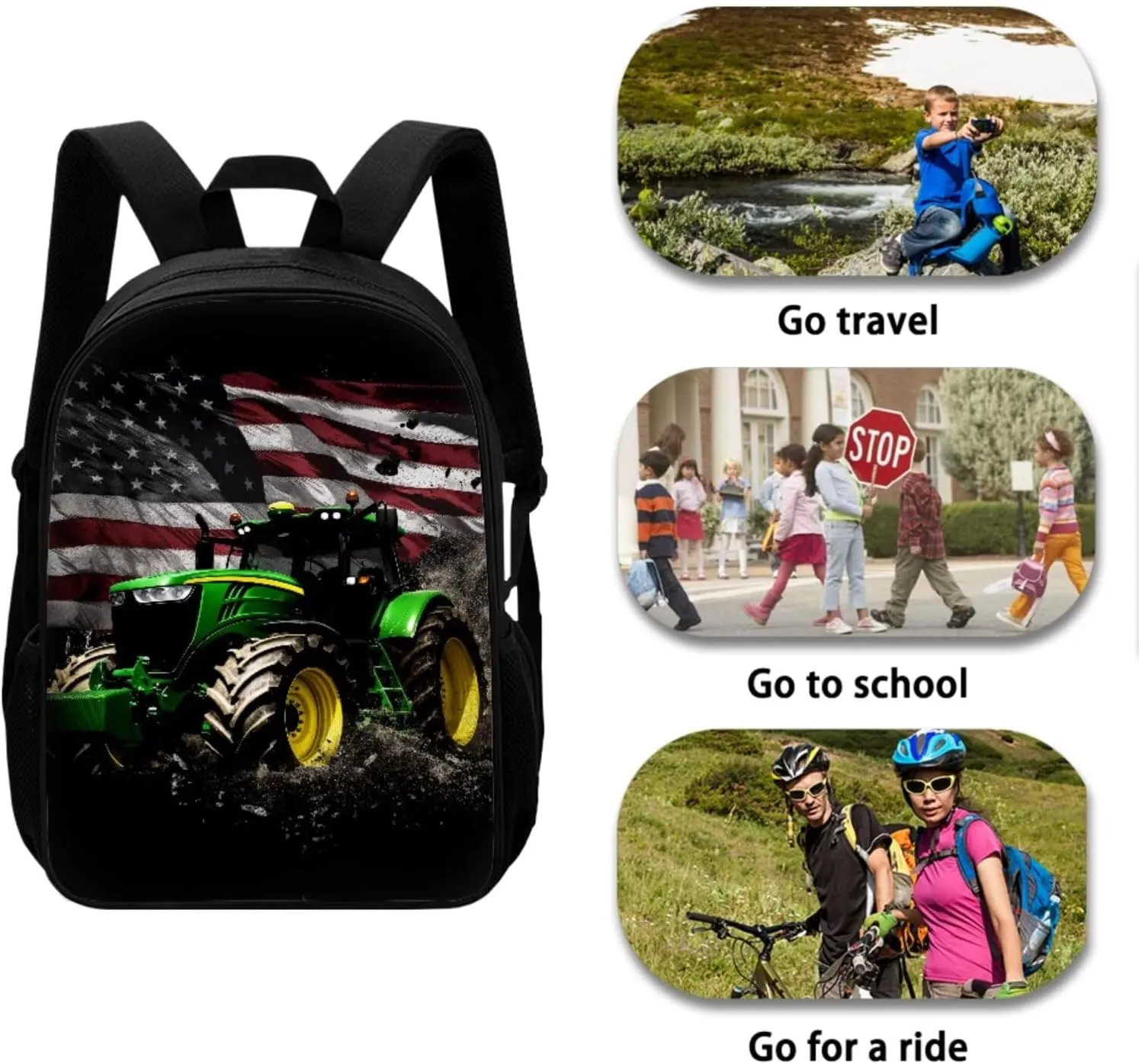 American Flag Backpack for Kids 8-12 Tractor Middle School Bookbags with Thermal Lunch Bag Keychain and Pencil Case 4 Piece School Pack Back Set for Teens Picnic or Sports
