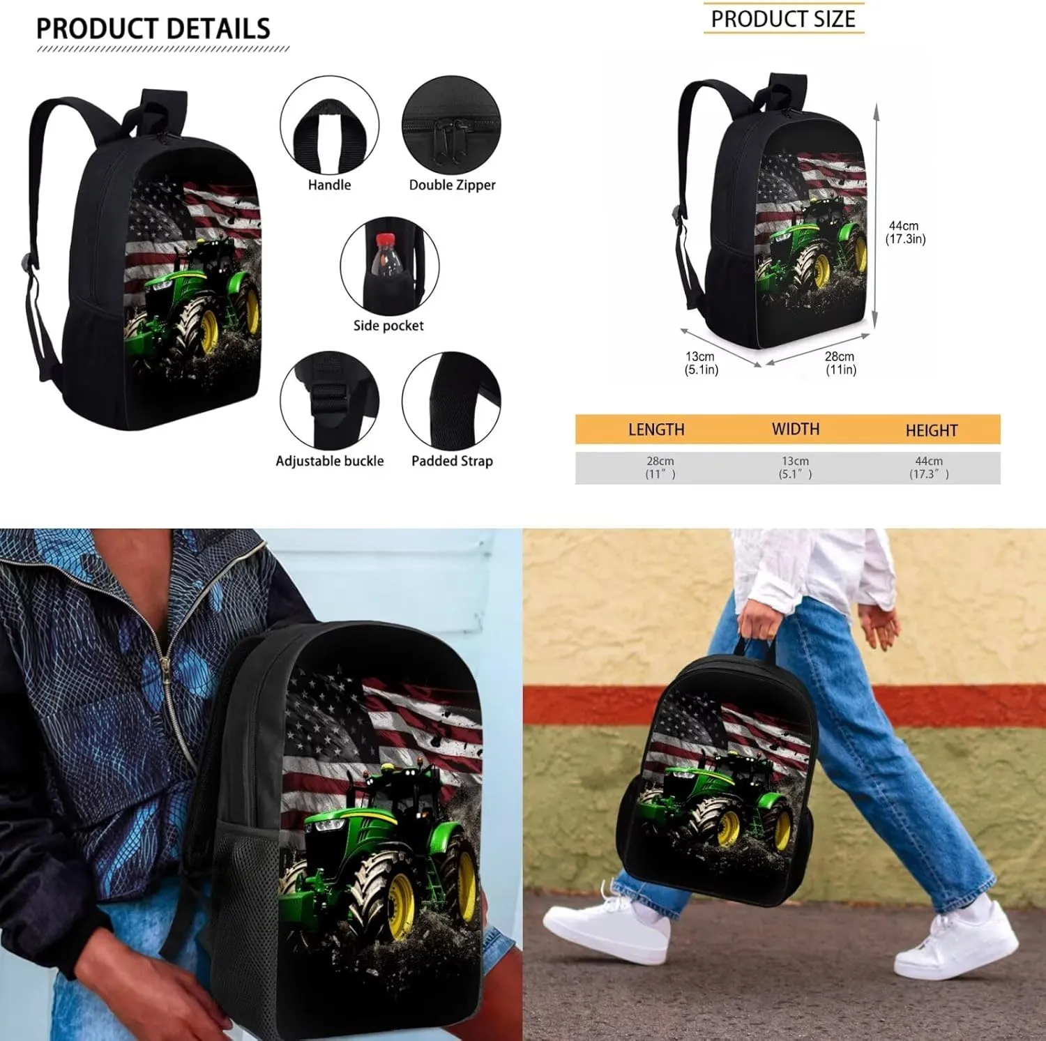 American Flag Backpack for Kids 8-12 Tractor Middle School Bookbags with Thermal Lunch Bag Keychain and Pencil Case 4 Piece School Pack Back Set for Teens Picnic or Sports