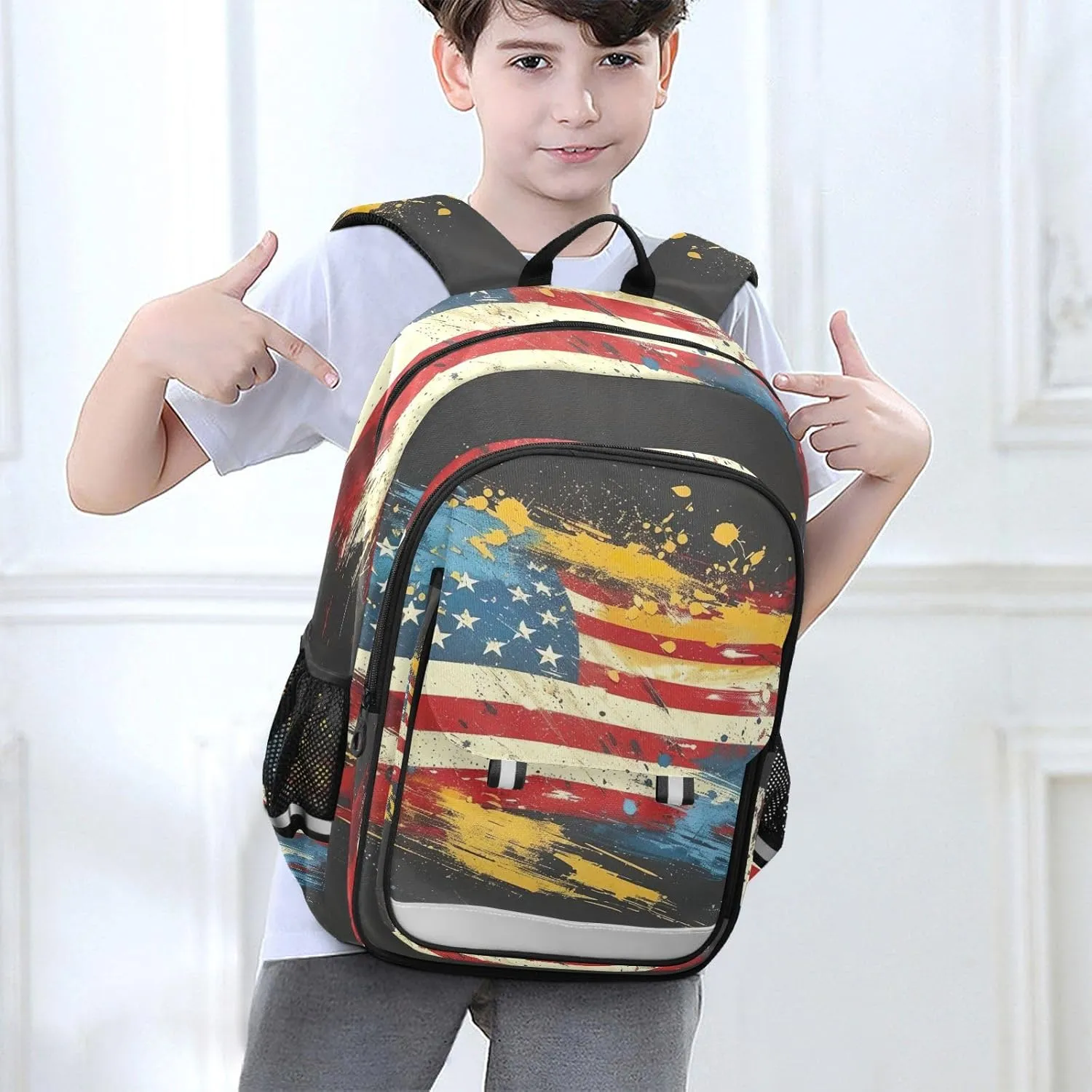 American Flag Bookbag, Elementary Backpack with Safety Reflective Strips, Kids Travel Bags, Kids Bags for Girls