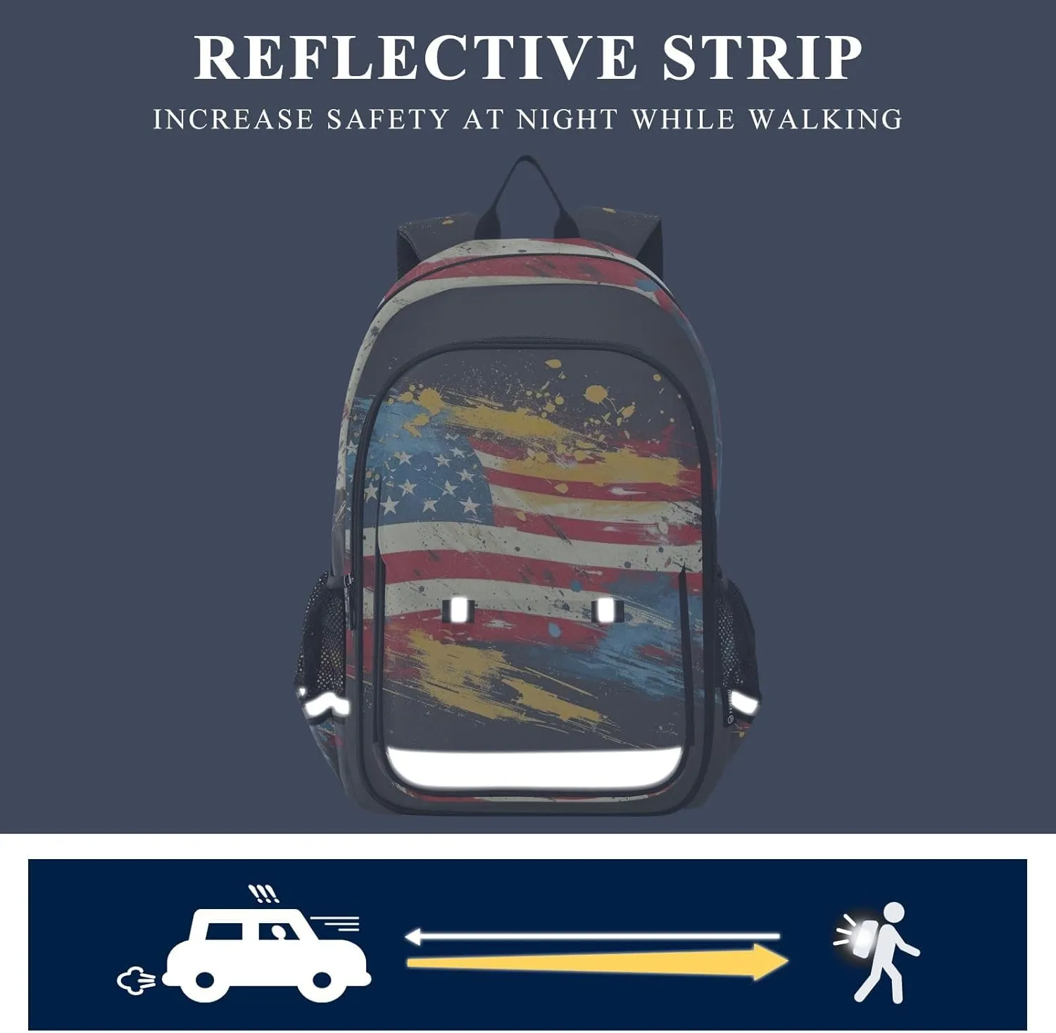 American Flag Bookbag, Elementary Backpack with Safety Reflective Strips, Kids Travel Bags, Kids Bags for Girls