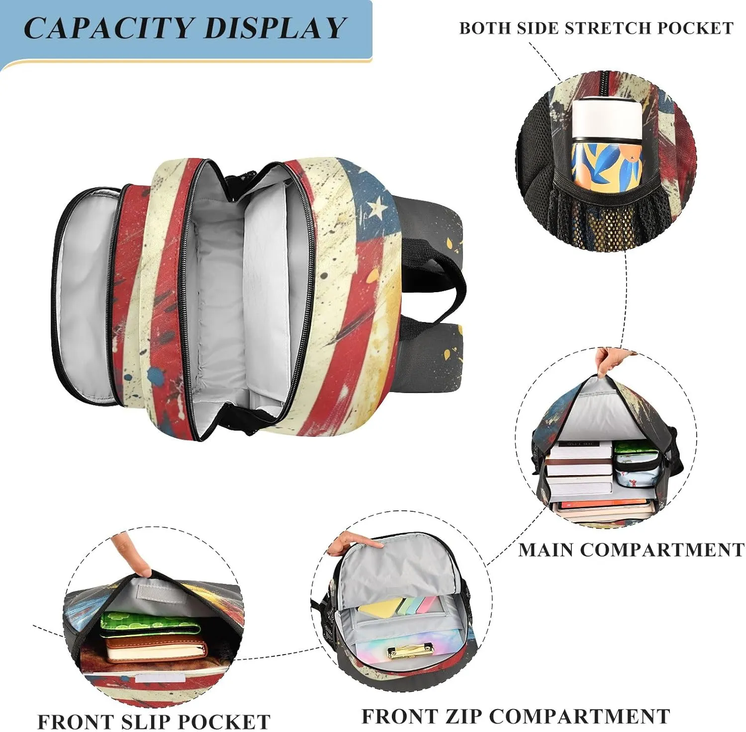 American Flag Bookbag, Elementary Backpack with Safety Reflective Strips, Kids Travel Bags, Kids Bags for Girls