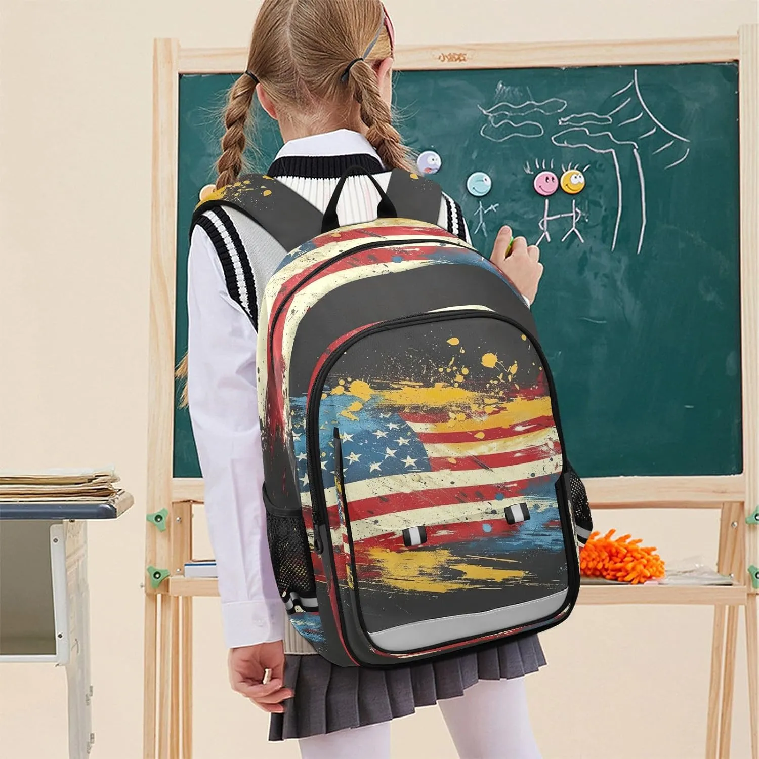 American Flag Bookbag, Elementary Backpack with Safety Reflective Strips, Kids Travel Bags, Kids Bags for Girls
