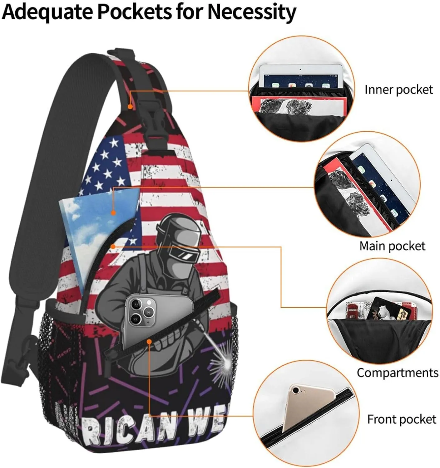 American Flag Welder Crossbody Backpack For Men Women Sling Shoulder Dachshunds Dog Chest Bag Lightweight One Strap Multipurpose Travel Hiking Daypack