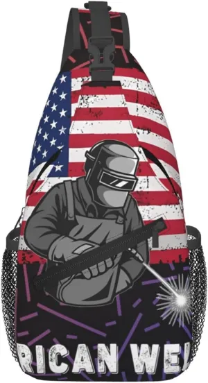 American Flag Welder Crossbody Backpack For Men Women Sling Shoulder Dachshunds Dog Chest Bag Lightweight One Strap Multipurpose Travel Hiking Daypack