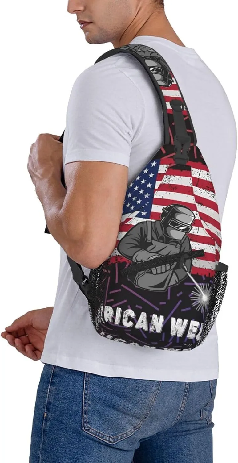American Flag Welder Crossbody Backpack For Men Women Sling Shoulder Dachshunds Dog Chest Bag Lightweight One Strap Multipurpose Travel Hiking Daypack