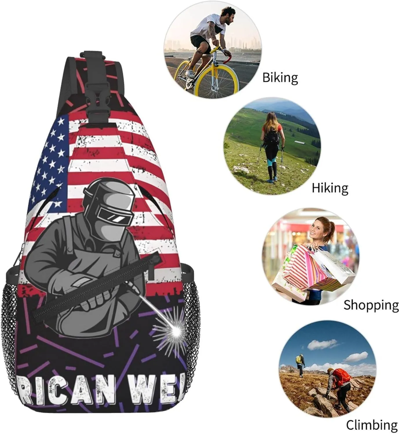 American Flag Welder Crossbody Backpack For Men Women Sling Shoulder Dachshunds Dog Chest Bag Lightweight One Strap Multipurpose Travel Hiking Daypack