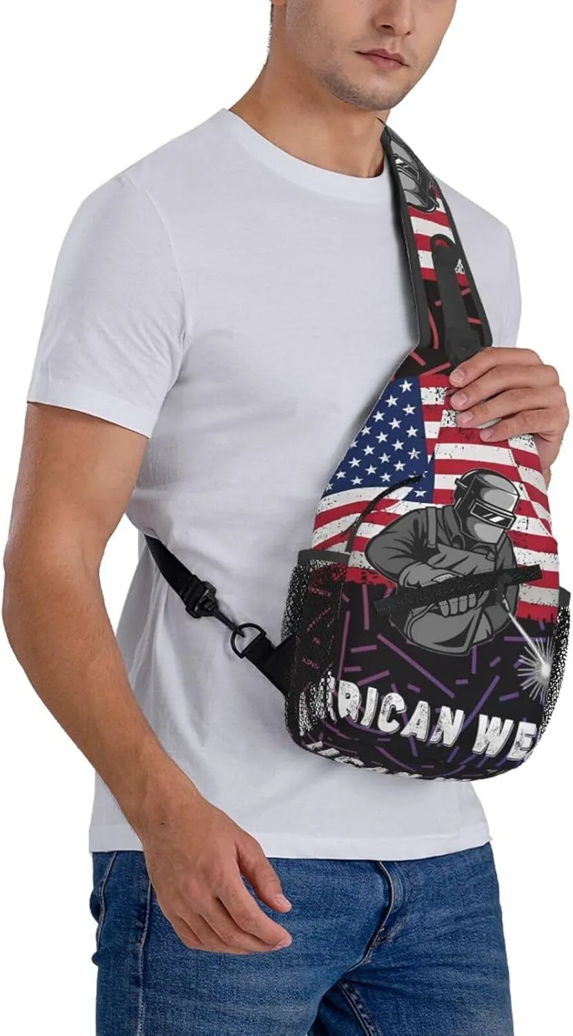 American Flag Welder Crossbody Backpack For Men Women Sling Shoulder Dachshunds Dog Chest Bag Lightweight One Strap Multipurpose Travel Hiking Daypack