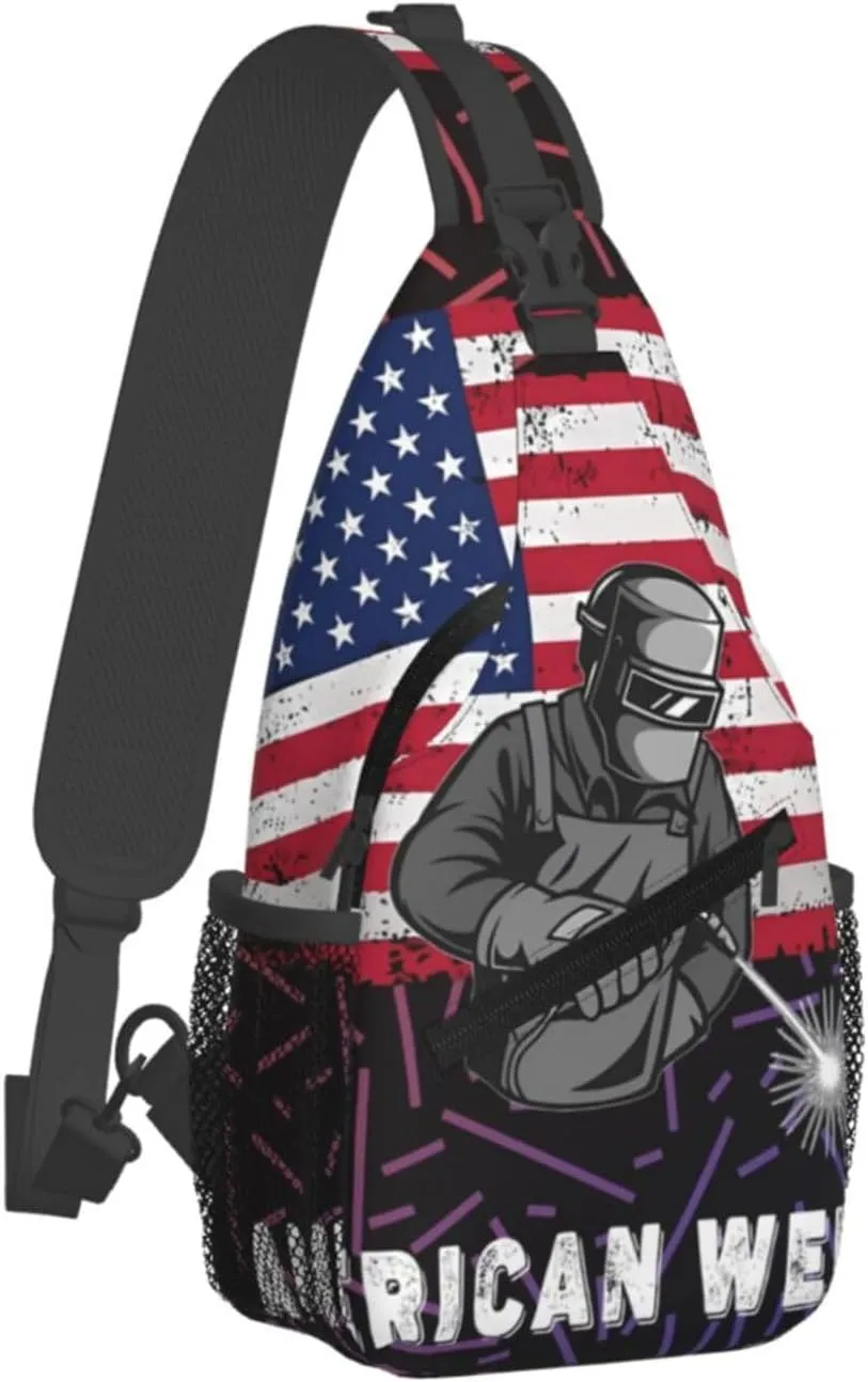 American Flag Welder Crossbody Backpack For Men Women Sling Shoulder Dachshunds Dog Chest Bag Lightweight One Strap Multipurpose Travel Hiking Daypack