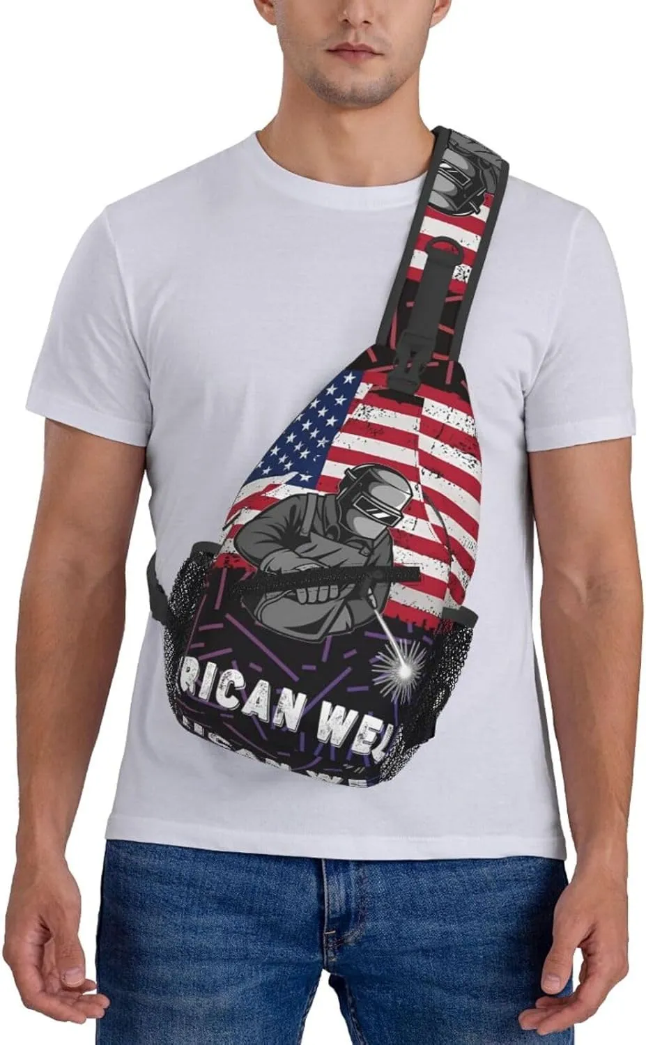American Flag Welder Crossbody Backpack For Men Women Sling Shoulder Dachshunds Dog Chest Bag Lightweight One Strap Multipurpose Travel Hiking Daypack