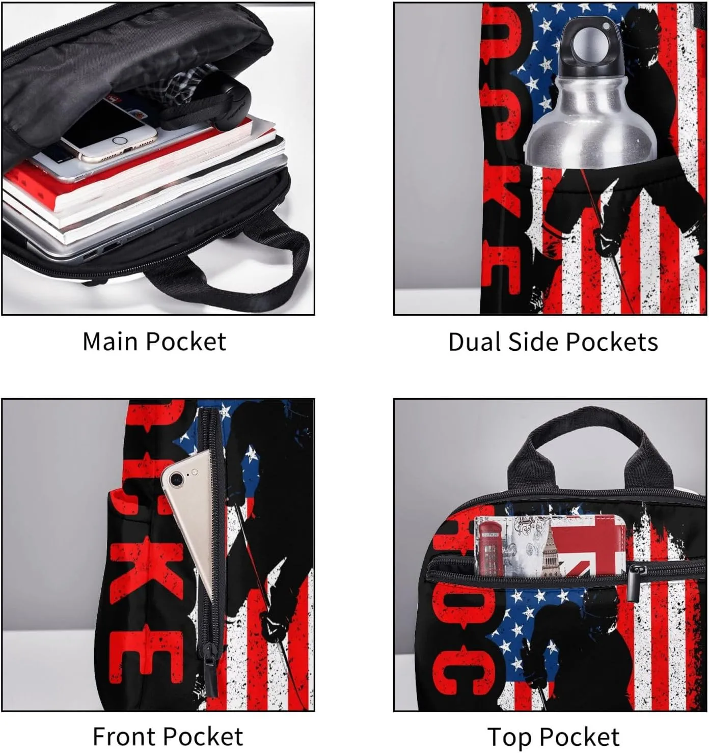 American Hockey Flag Casual Backpacks Laptop Backpack Outdoor Travel Rucksack Sport Carry-On Daypack Lightweight Bag with Multi-Pockets