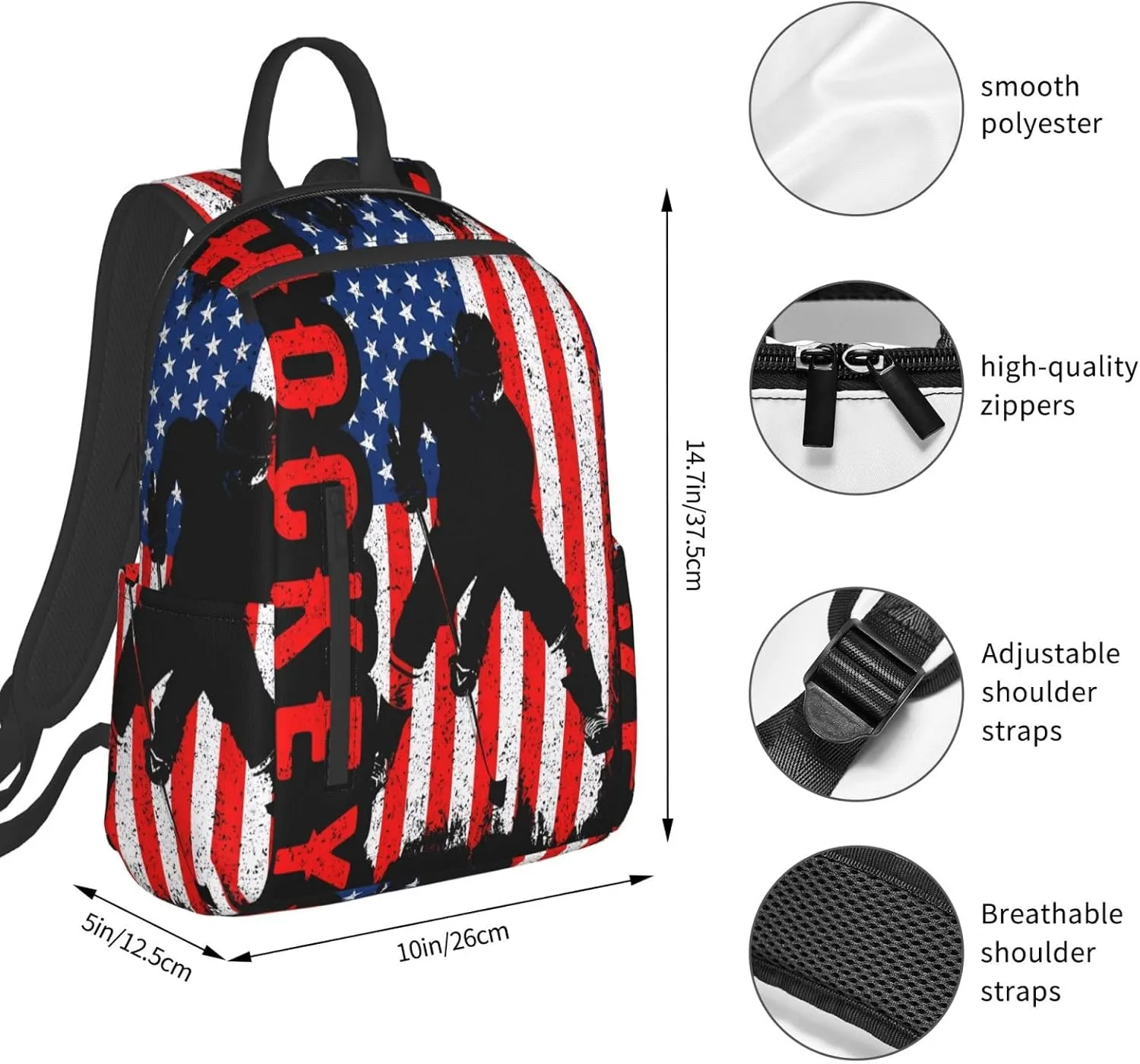 American Hockey Flag Casual Backpacks Laptop Backpack Outdoor Travel Rucksack Sport Carry-On Daypack Lightweight Bag with Multi-Pockets