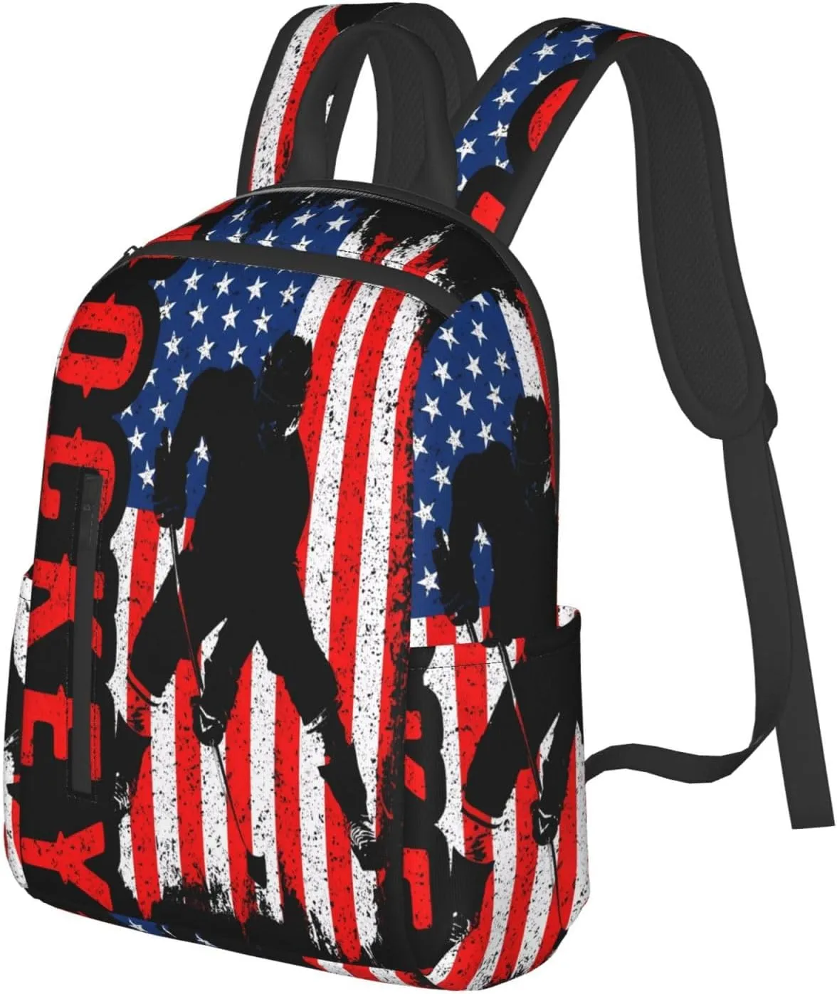 American Hockey Flag Casual Backpacks Laptop Backpack Outdoor Travel Rucksack Sport Carry-On Daypack Lightweight Bag with Multi-Pockets