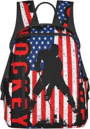 American Hockey Flag Casual Backpacks Laptop Backpack Outdoor Travel Rucksack Sport Carry-On Daypack Lightweight Bag with Multi-Pockets