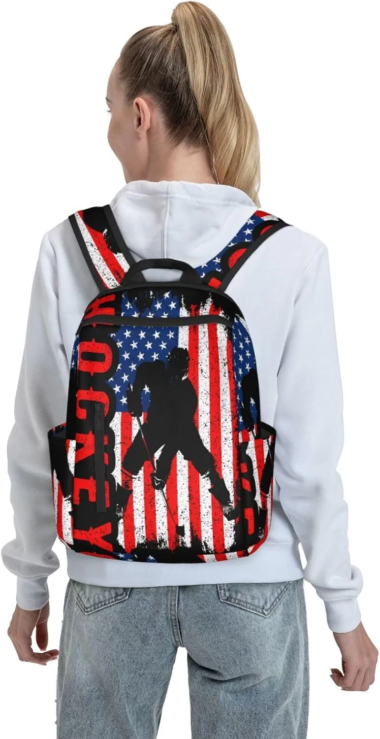 American Hockey Flag Casual Backpacks Laptop Backpack Outdoor Travel Rucksack Sport Carry-On Daypack Lightweight Bag with Multi-Pockets