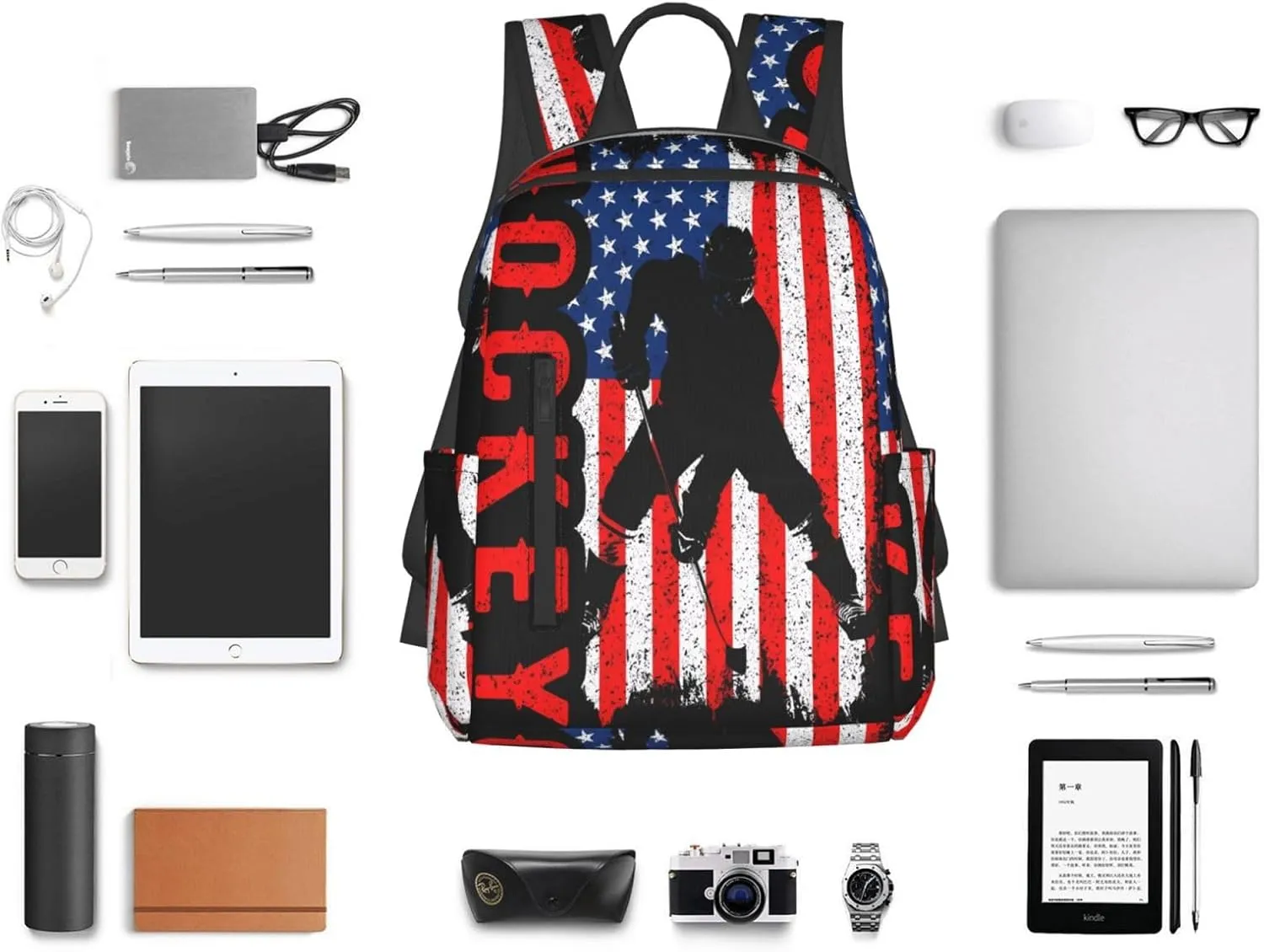 American Hockey Flag Casual Backpacks Laptop Backpack Outdoor Travel Rucksack Sport Carry-On Daypack Lightweight Bag with Multi-Pockets