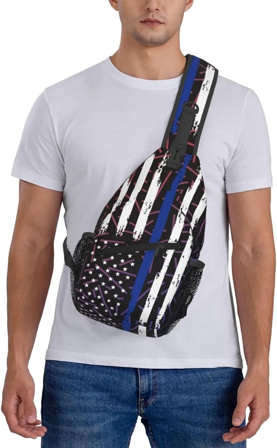 American Police Flag Thin Blue Line Flag Crossbody Backpack For Men Women Sling Shoulder Dachshunds Dog Chest Bag Lightweight One Strap Multipurpose Travel Hiking Daypack