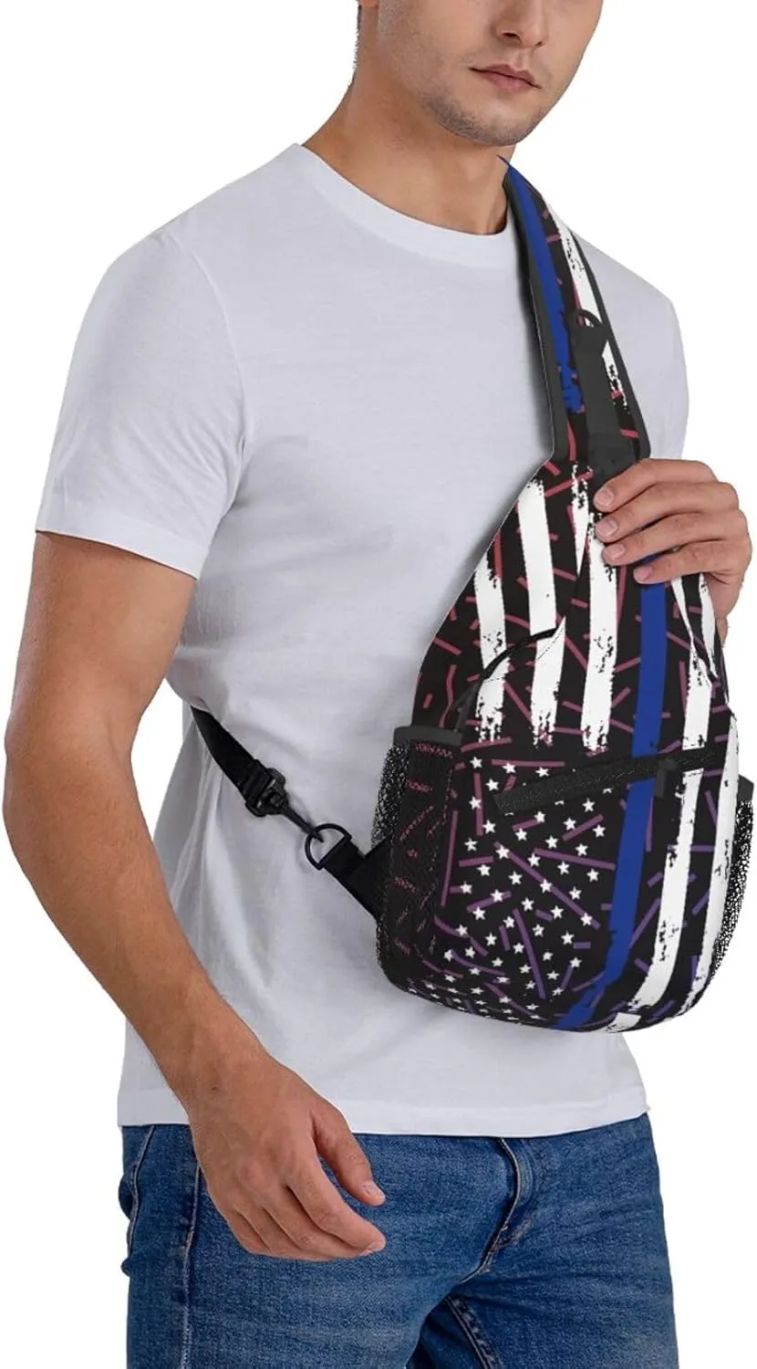 American Police Flag Thin Blue Line Flag Crossbody Backpack For Men Women Sling Shoulder Dachshunds Dog Chest Bag Lightweight One Strap Multipurpose Travel Hiking Daypack