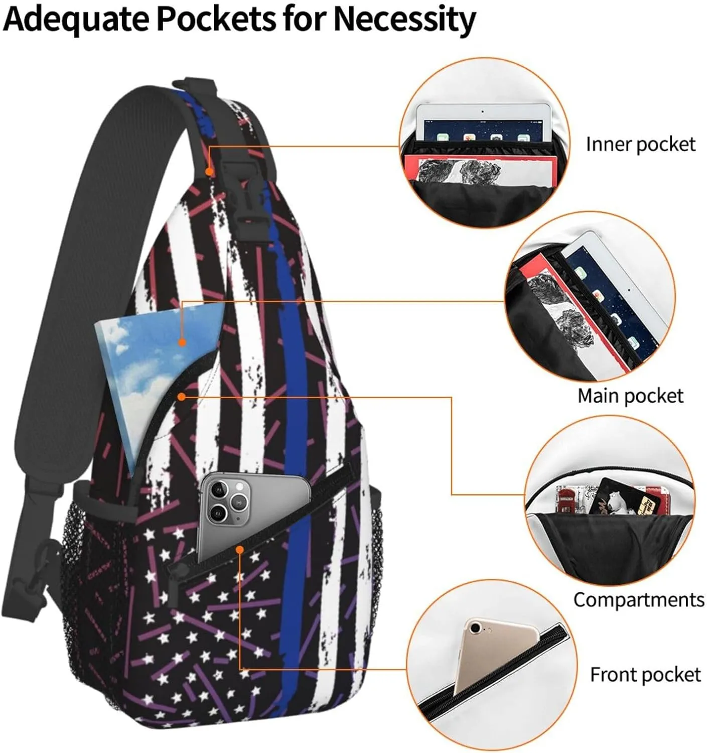 American Police Flag Thin Blue Line Flag Crossbody Backpack For Men Women Sling Shoulder Dachshunds Dog Chest Bag Lightweight One Strap Multipurpose Travel Hiking Daypack