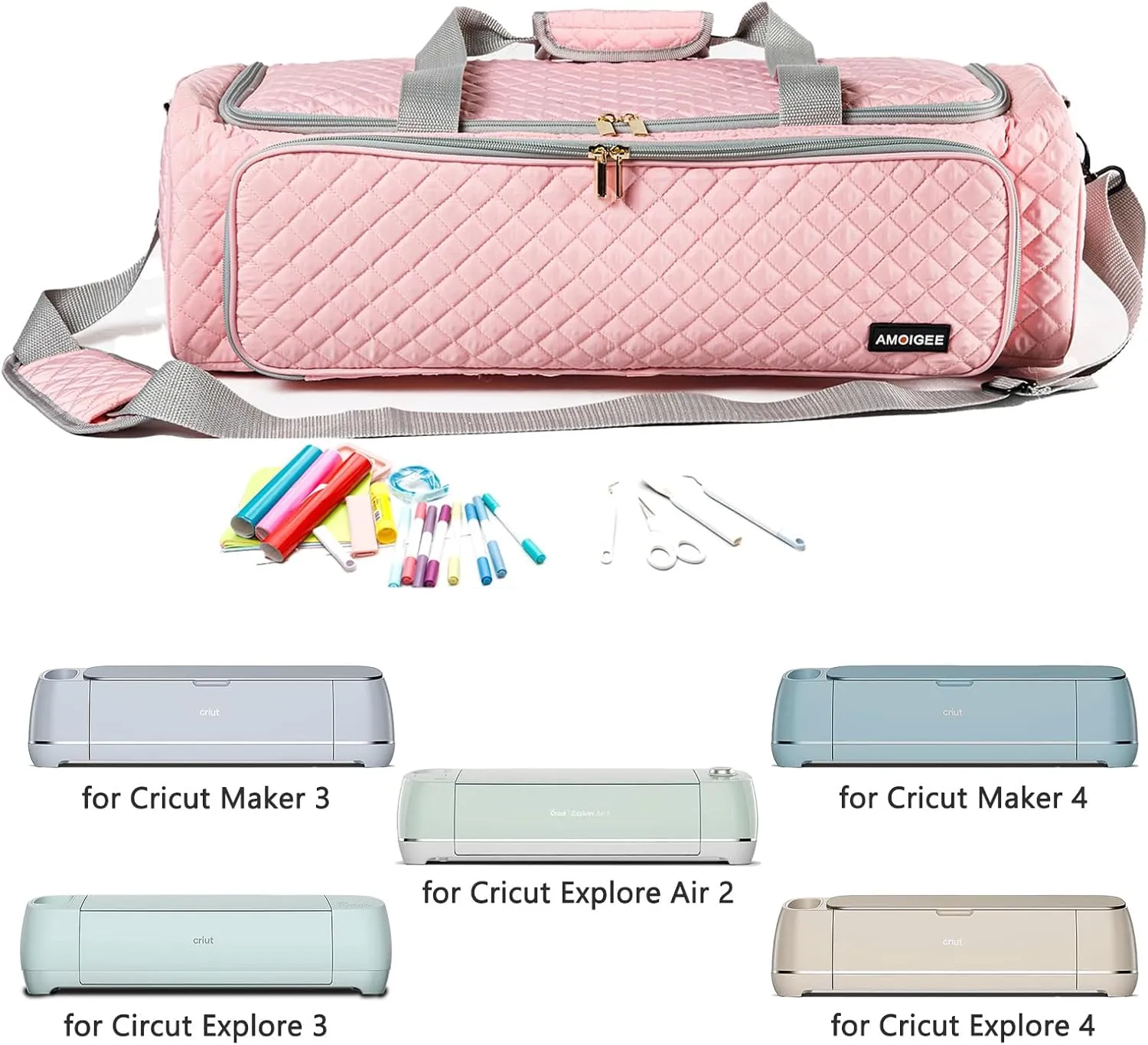 AMOIGEE Carrying Case for Cricut Explore Air 2, Cricut Maker 3, Cricut Explore 3, Pink Storage Organizer for Cricut Accessories, Quilted Cricut Bag Only, Pink, Ⅰ-Cricut Carrying Case, Classic