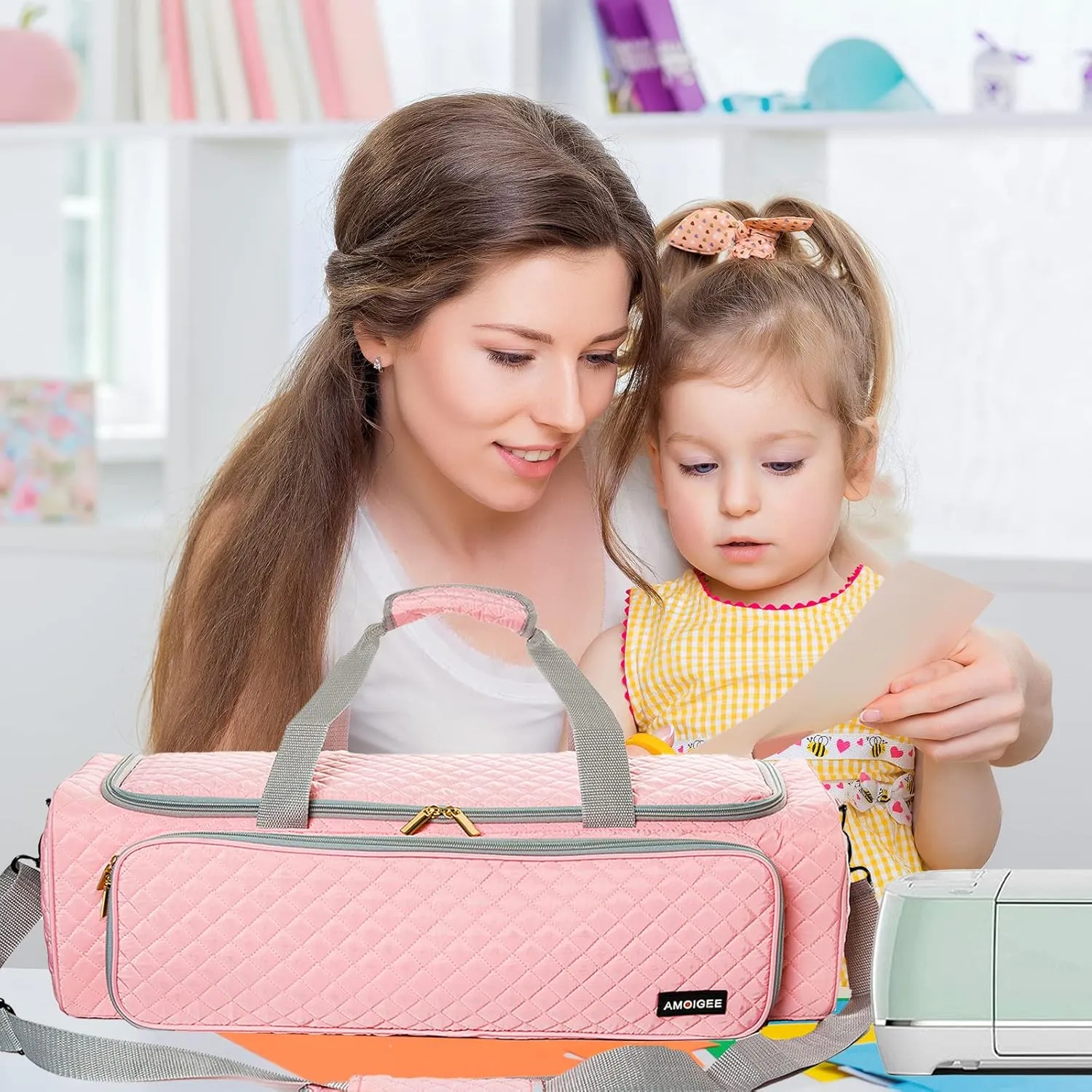 AMOIGEE Carrying Case for Cricut Explore Air 2, Cricut Maker 3, Cricut Explore 3, Pink Storage Organizer for Cricut Accessories, Quilted Cricut Bag Only, Pink, Ⅰ-Cricut Carrying Case, Classic