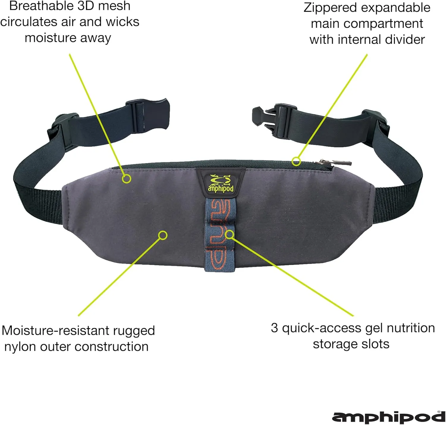Amphipod AirFlow Trail Pack, Runners Storage Waist Pack Belt for Running & Jogging, Men & Women - Charcoal - XL