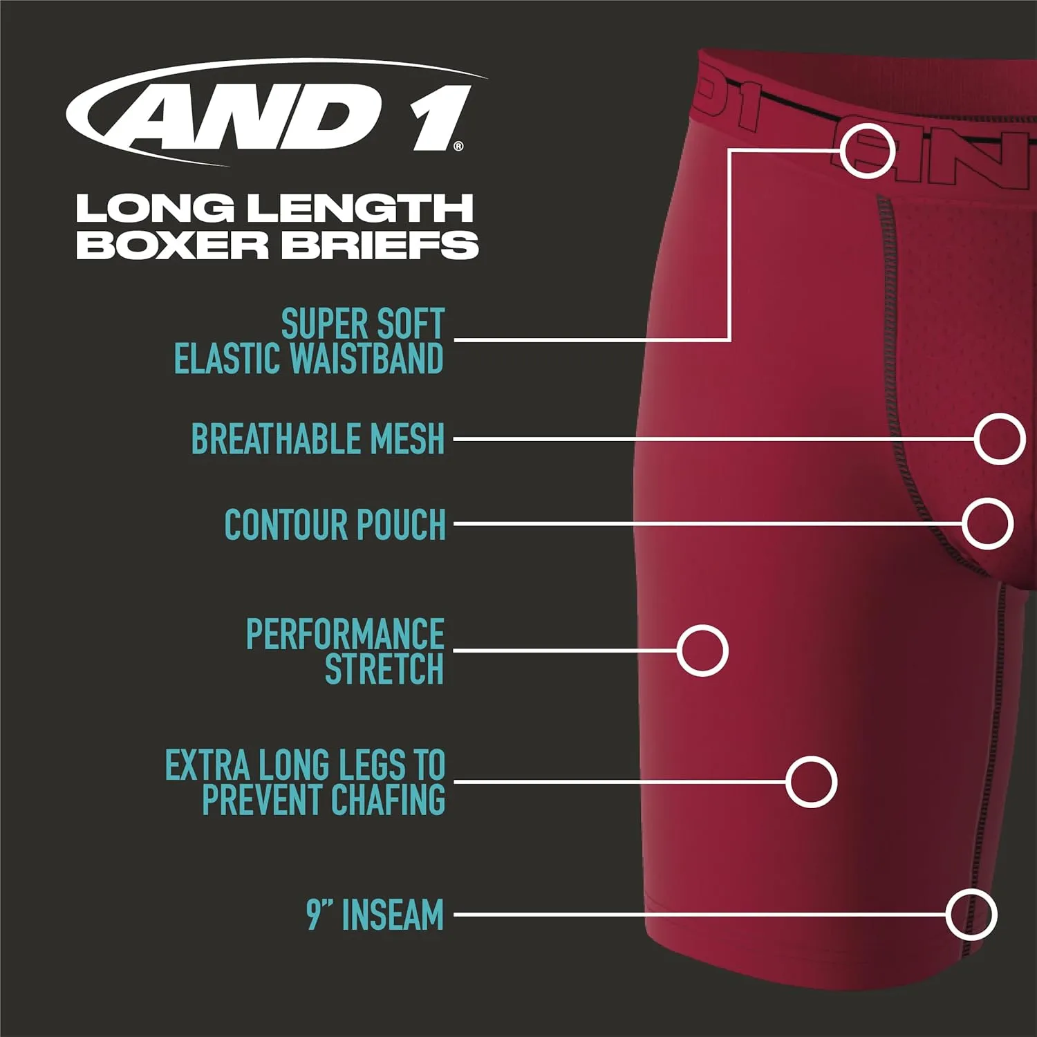 AND1 Mens Boxer Briefs - 10 Pack Performance Stretch Mens Underwear Long Leg Boxers for Men with Contour Pouch (Sizes: S-3XL)