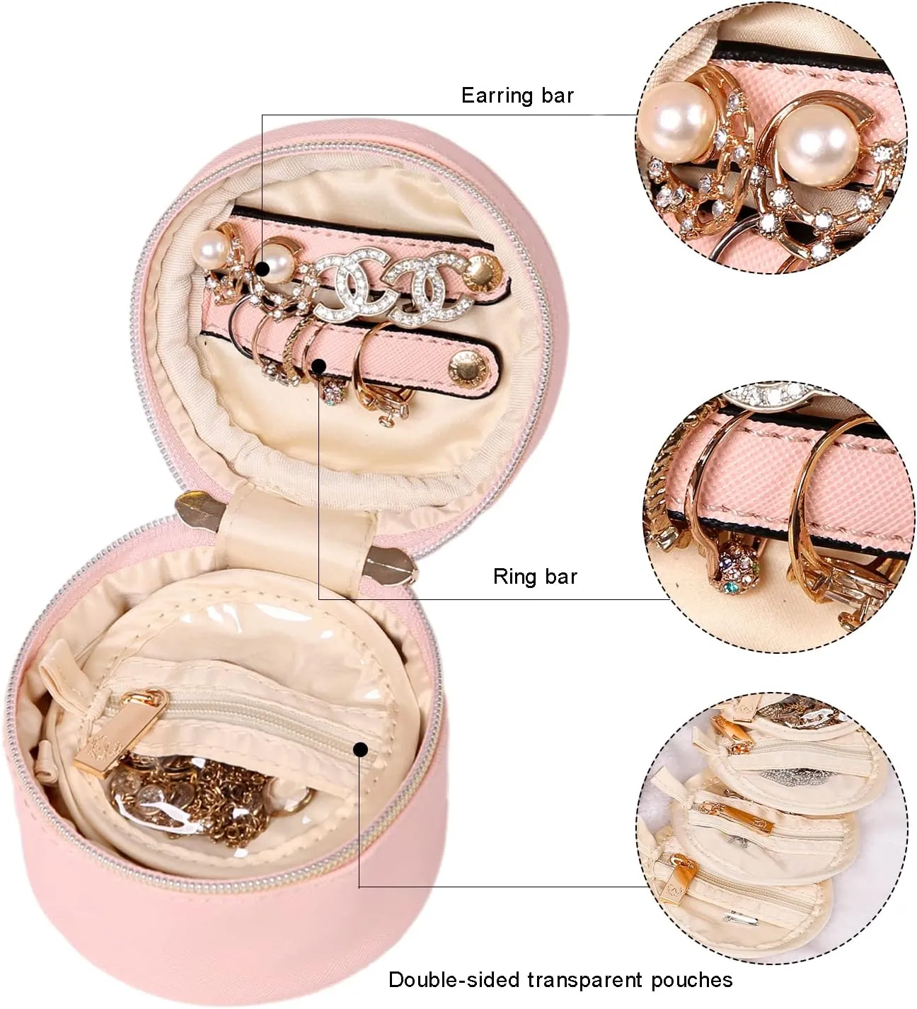 Angelina's Palace Round Jewelry Organizer Case Travel Bag Bridesmaid Gifts Vegan Leather Box for Necklace Earring Bracelet Ring(soft pink)