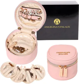 Angelina's Palace Round Jewelry Organizer Case Travel Bag Bridesmaid Gifts Vegan Leather Box for Necklace Earring Bracelet Ring(soft pink)