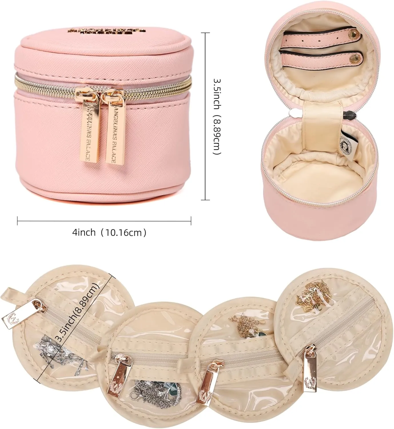 Angelina's Palace Round Jewelry Organizer Case Travel Bag Bridesmaid Gifts Vegan Leather Box for Necklace Earring Bracelet Ring(soft pink)
