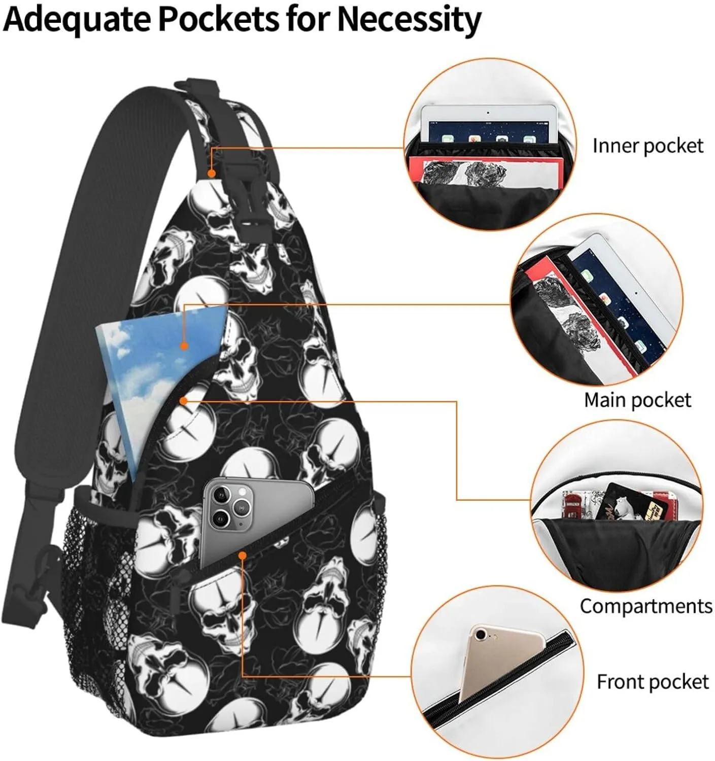 Angry Skull Black Roses Cross Chest Bag Diagonally Hiking Crossbody Bag Travel Shoulder Daypack Lightweight Sling Backpack Cycling Daypacks Fitness Chest Backpacks