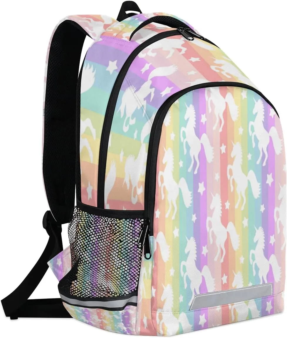 Animal Licorne Rainbow Stripe Backpack for School Girls Kids School Backpack Elementary Students Bookbag Laptop Daypack with Chest Buckle, Teens Hiking Travel Rucksack
