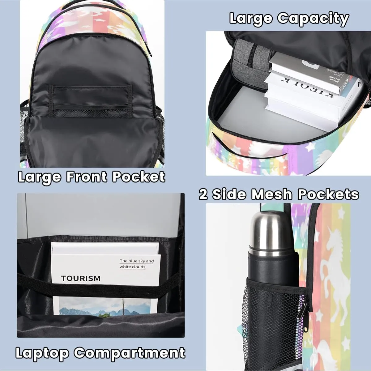 Animal Licorne Rainbow Stripe Backpack for School Girls Kids School Backpack Elementary Students Bookbag Laptop Daypack with Chest Buckle, Teens Hiking Travel Rucksack