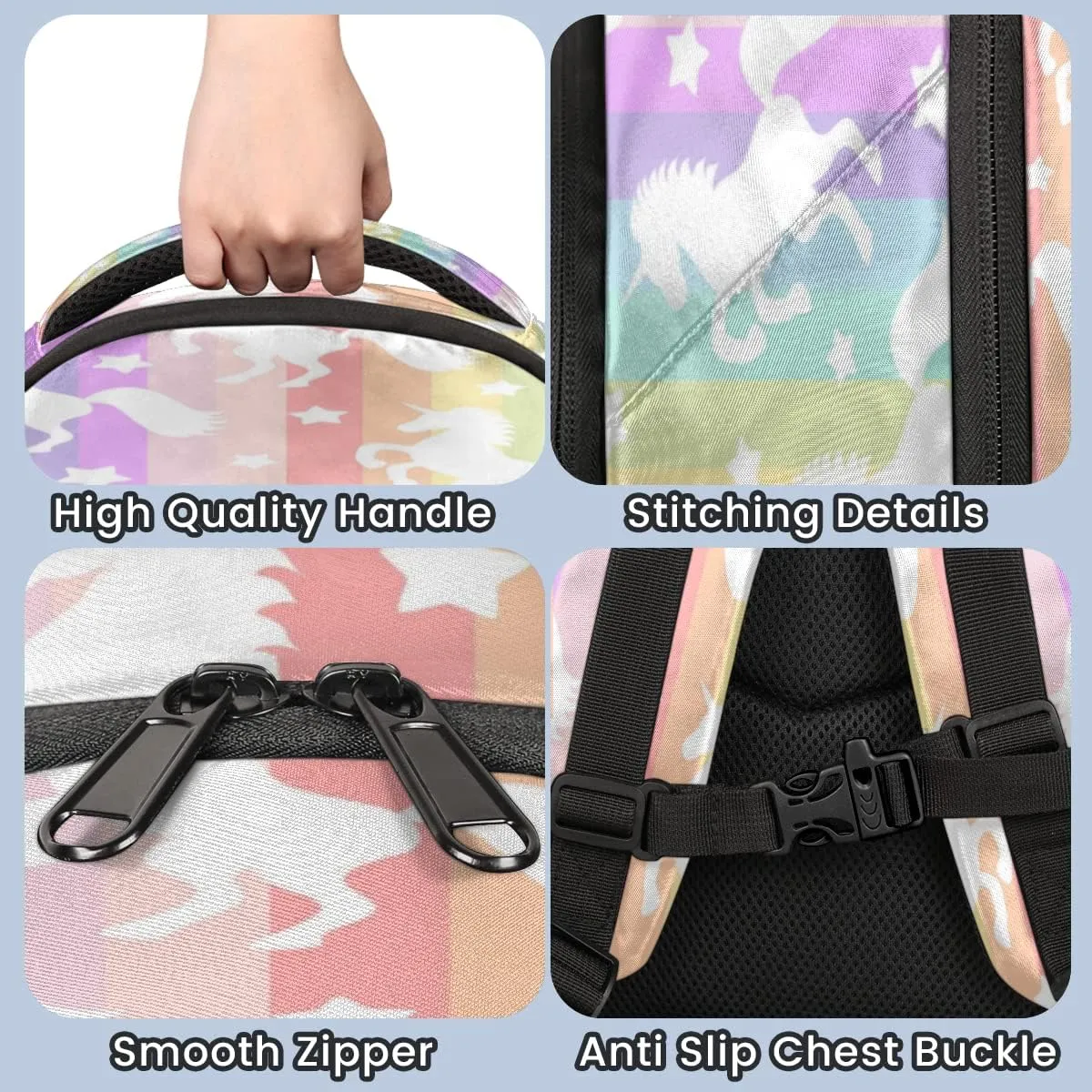 Animal Licorne Rainbow Stripe Backpack for School Girls Kids School Backpack Elementary Students Bookbag Laptop Daypack with Chest Buckle, Teens Hiking Travel Rucksack