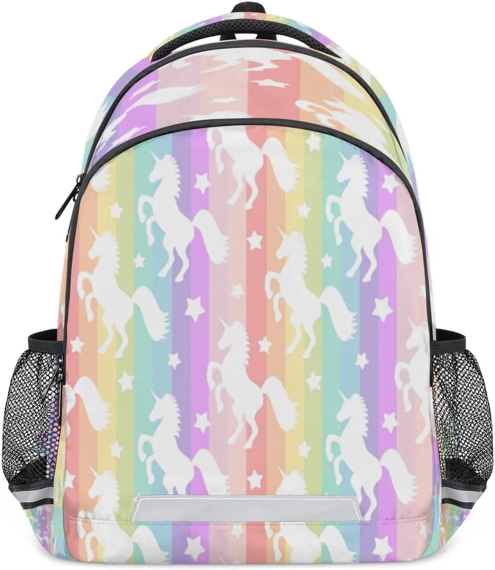 Animal Licorne Rainbow Stripe Backpack for School Girls Kids School Backpack Elementary Students Bookbag Laptop Daypack with Chest Buckle, Teens Hiking Travel Rucksack