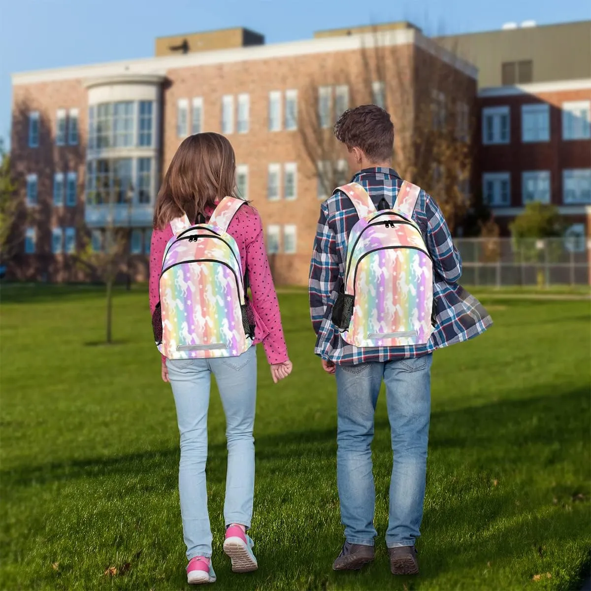 Animal Licorne Rainbow Stripe Backpack for School Girls Kids School Backpack Elementary Students Bookbag Laptop Daypack with Chest Buckle, Teens Hiking Travel Rucksack