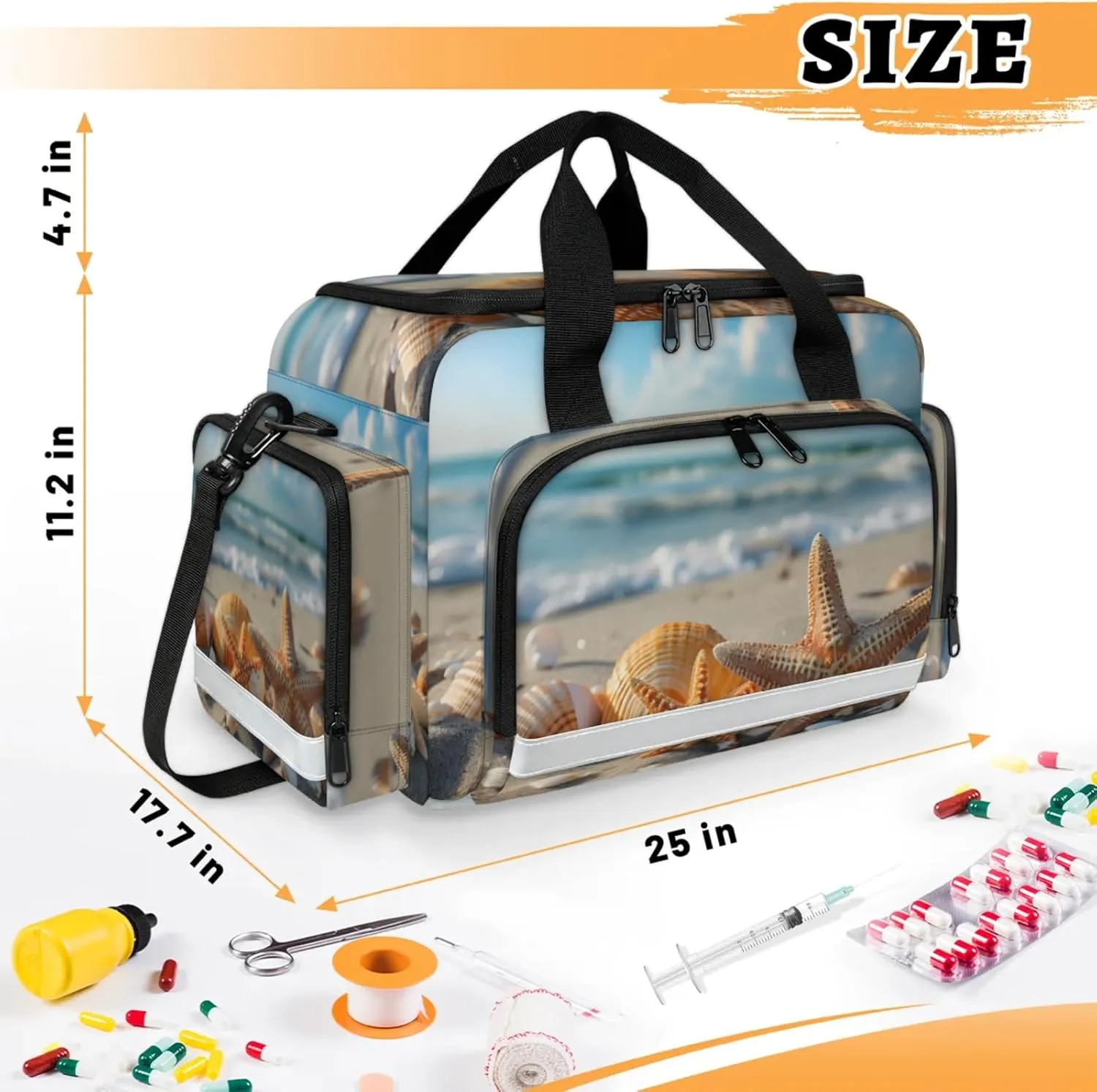 Anti-Scratch Duffle Bag for Travel 25x17.7x11.2 Inch - Waterproof Duffel Bag for Camping Fitness, Durable EMS Gear for First Responders Beach Seashells Starfish