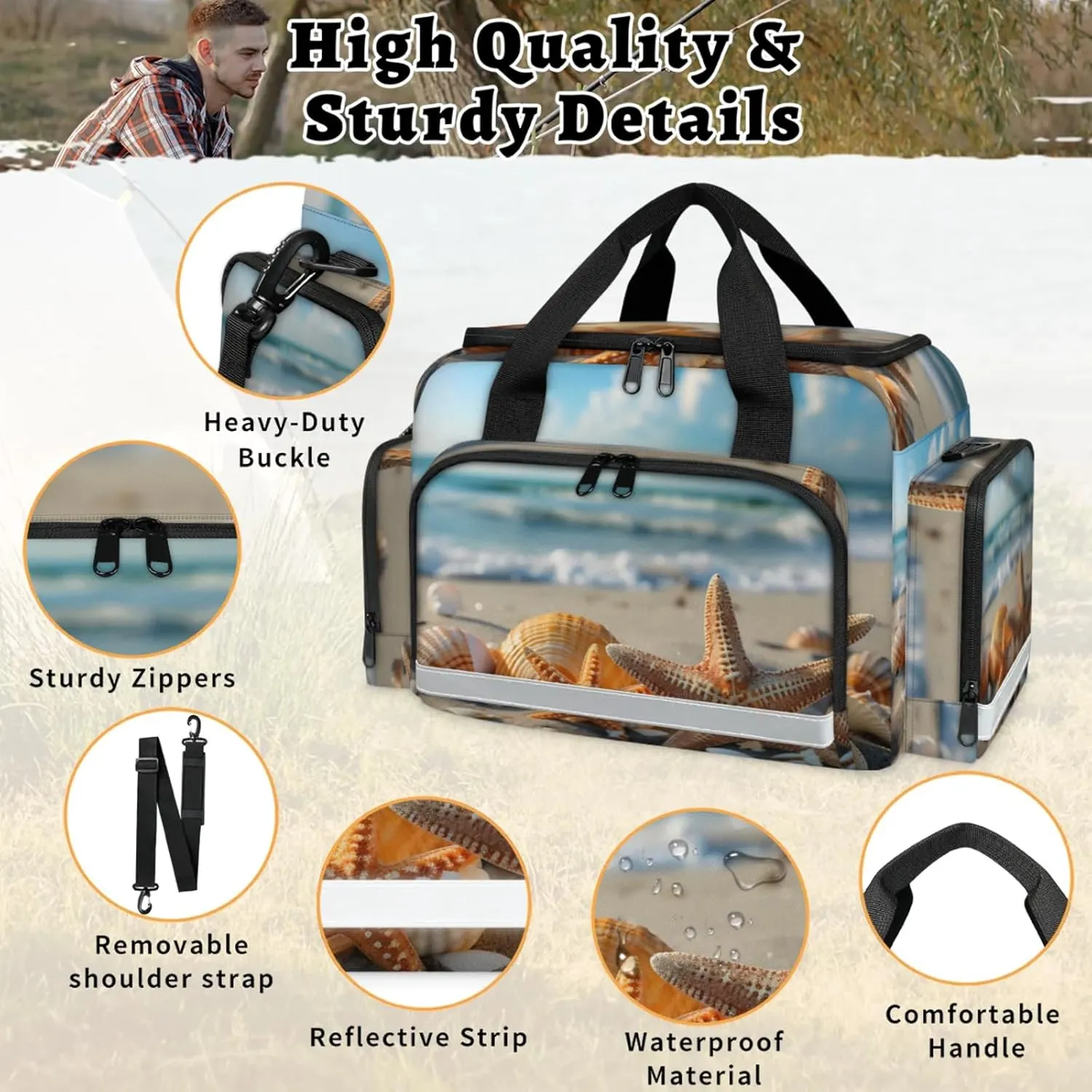Anti-Scratch Duffle Bag for Travel 25x17.7x11.2 Inch - Waterproof Duffel Bag for Camping Fitness, Durable EMS Gear for First Responders Beach Seashells Starfish