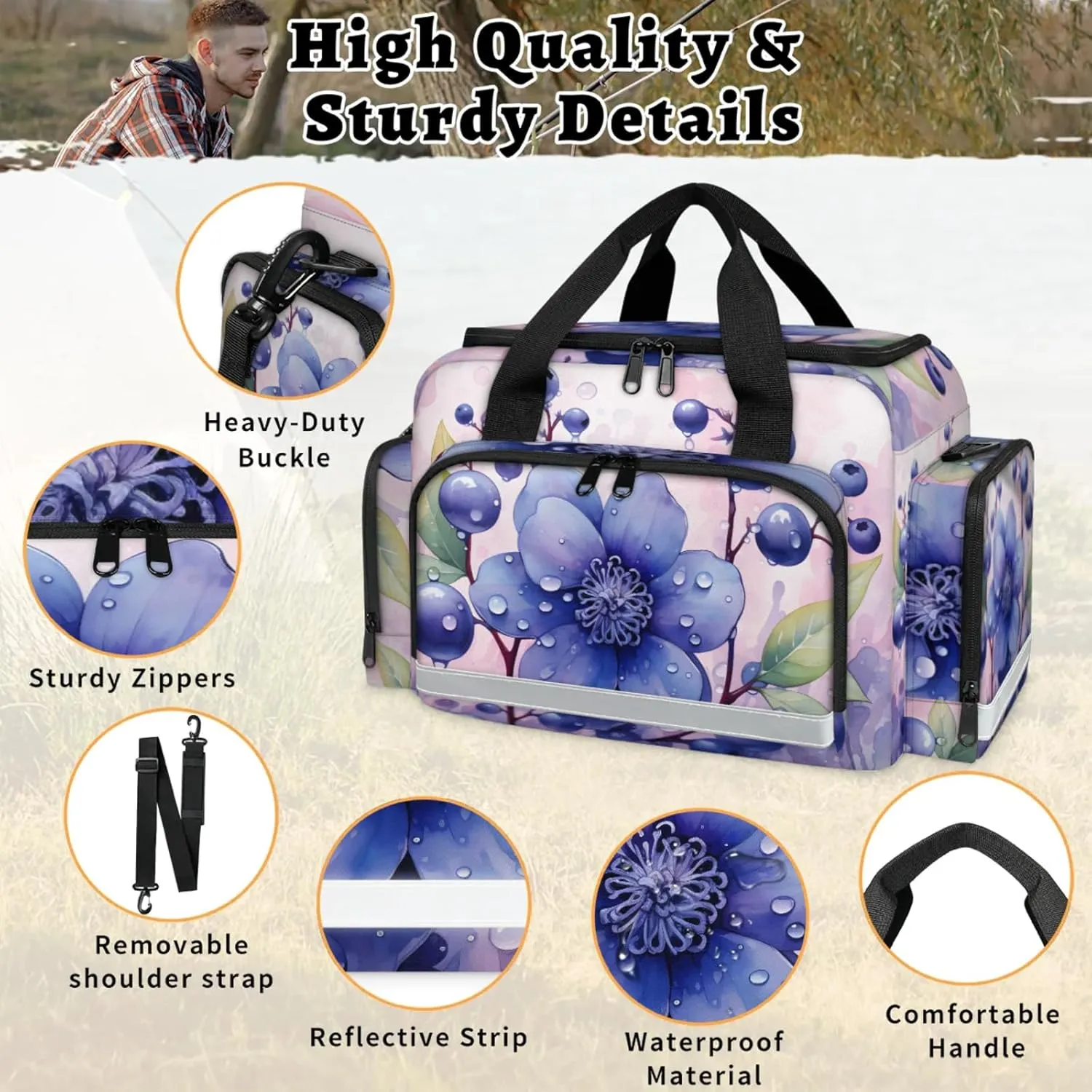 Anti-Scratch Duffle Bag for Travel 25x17.7x11.2 Inch - Waterproof Duffel Bag for Camping Fitness, Durable EMS Gear for First Responders Blueberry Flower
