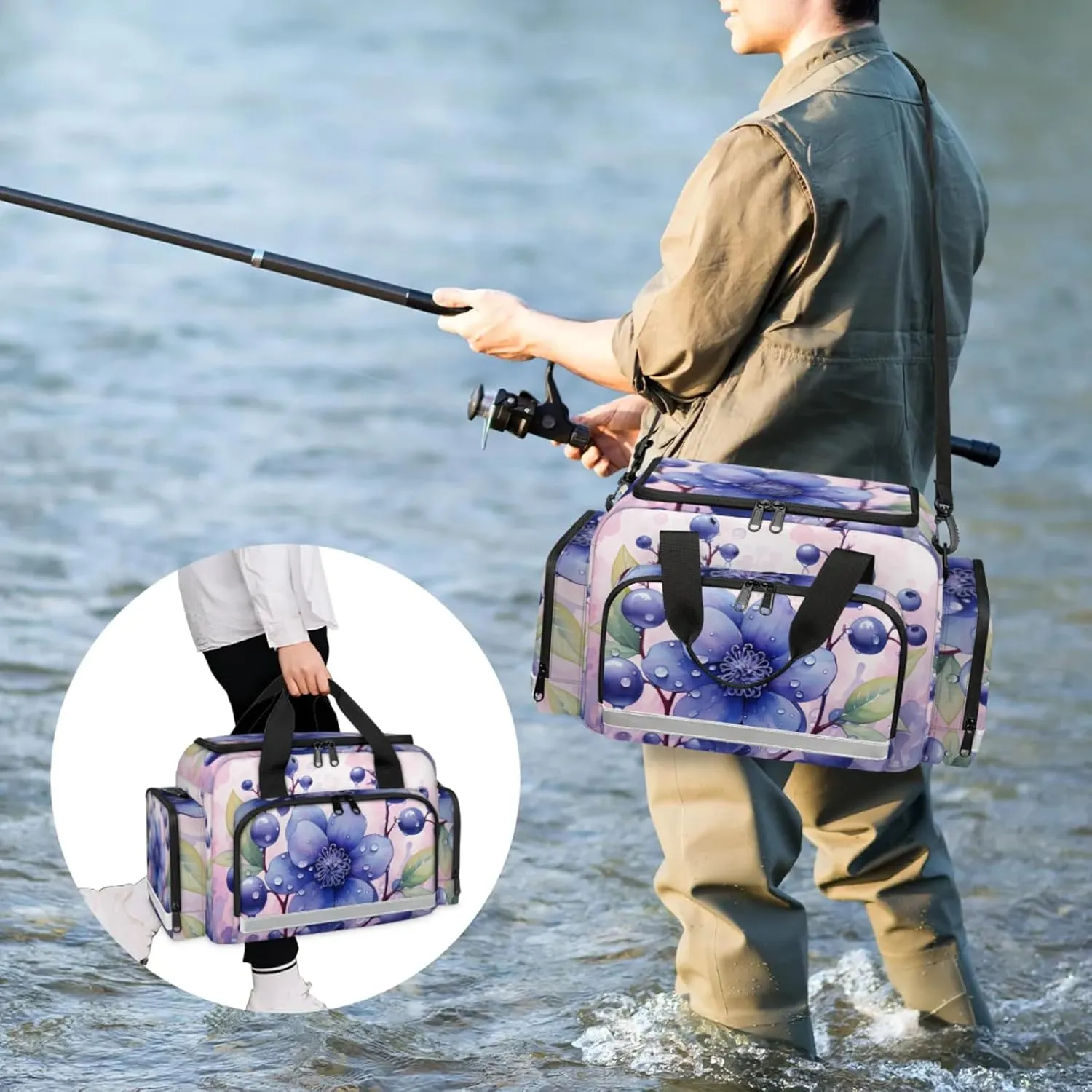 Anti-Scratch Duffle Bag for Travel 25x17.7x11.2 Inch - Waterproof Duffel Bag for Camping Fitness, Durable EMS Gear for First Responders Blueberry Flower