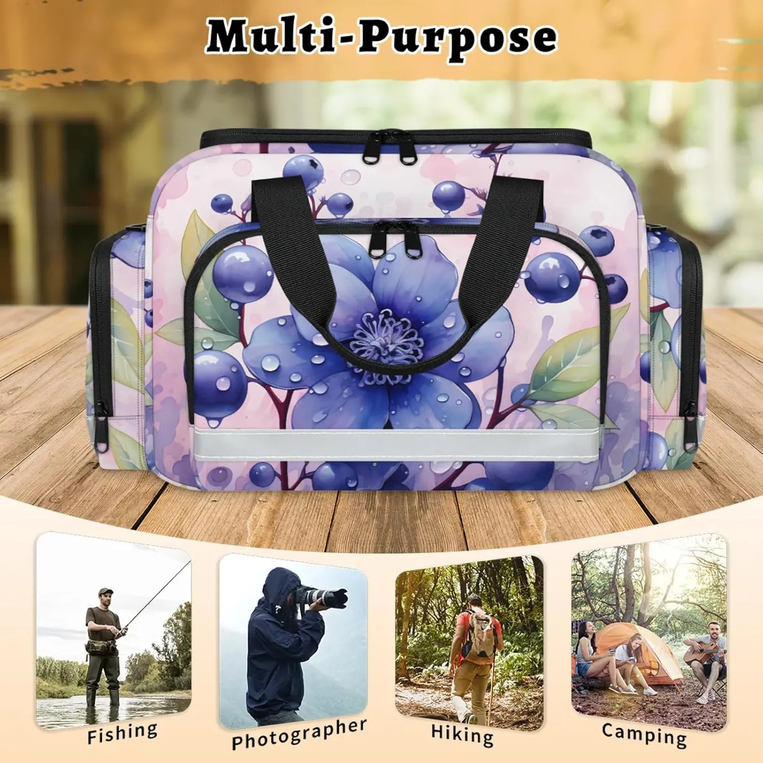 Anti-Scratch Duffle Bag for Travel 25x17.7x11.2 Inch - Waterproof Duffel Bag for Camping Fitness, Durable EMS Gear for First Responders Blueberry Flower