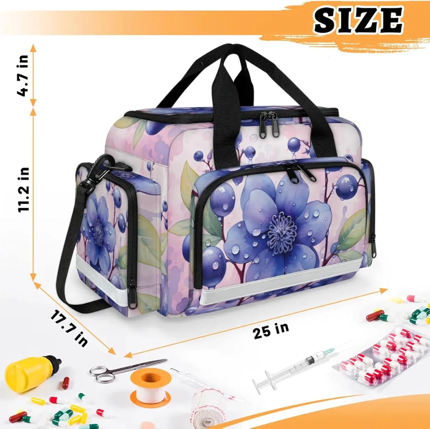 Anti-Scratch Duffle Bag for Travel 25x17.7x11.2 Inch - Waterproof Duffel Bag for Camping Fitness, Durable EMS Gear for First Responders Blueberry Flower