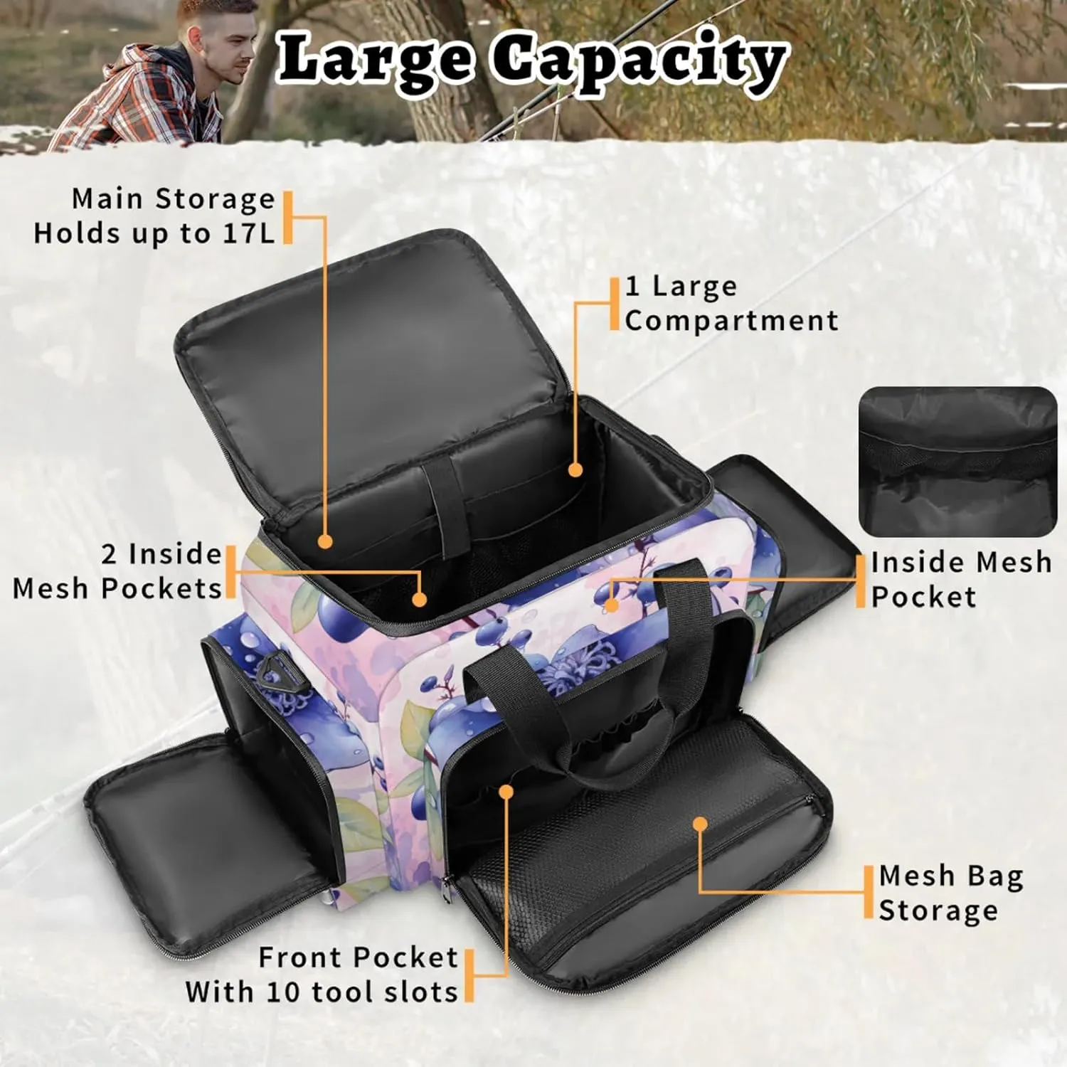 Anti-Scratch Duffle Bag for Travel 25x17.7x11.2 Inch - Waterproof Duffel Bag for Camping Fitness, Durable EMS Gear for First Responders Blueberry Flower