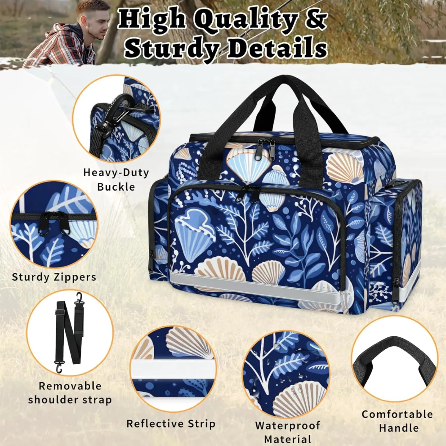 Anti-Scratch Duffle Bag for Travel 25x17.7x11.2 Inch - Waterproof Duffel Bag for Camping Fitness, Durable EMS Gear for First Responders Ocean Seashell Plant