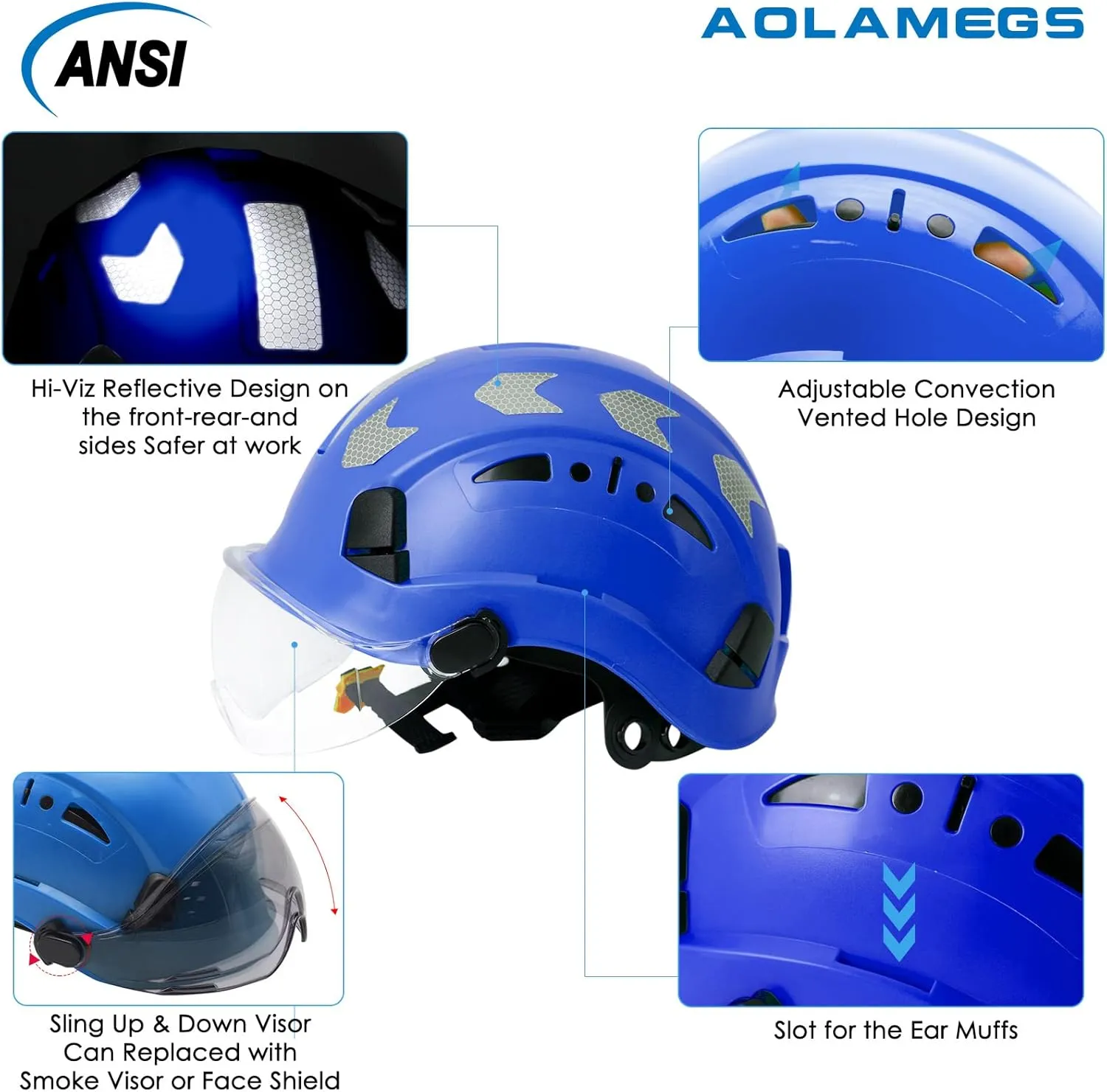 AOLAMEGS Construction Safety Hard Hat - ANSI Z89.1 Type Ι OSHA Approved Safety Helmets with Chin Straps Lightweight Reflective Vented ABS Hard Hats For Men Women Industrial Workwear 6-point Suspension